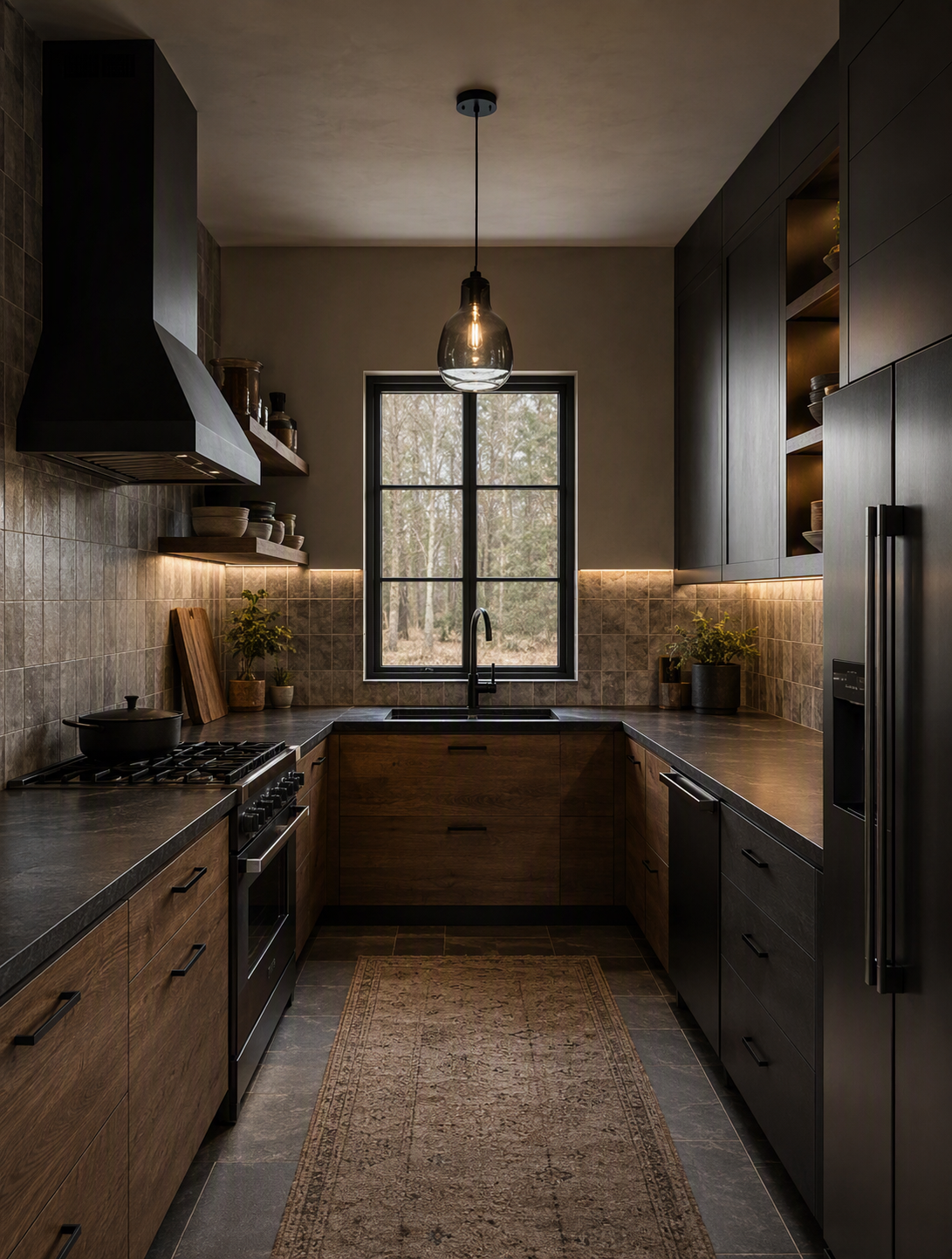 A modern rustic kitchen with dark wood cabinetry and matte black stainless steel appliances, featuring a central island with a stone countertop, a large — u shaped kitchen ideas reference 1