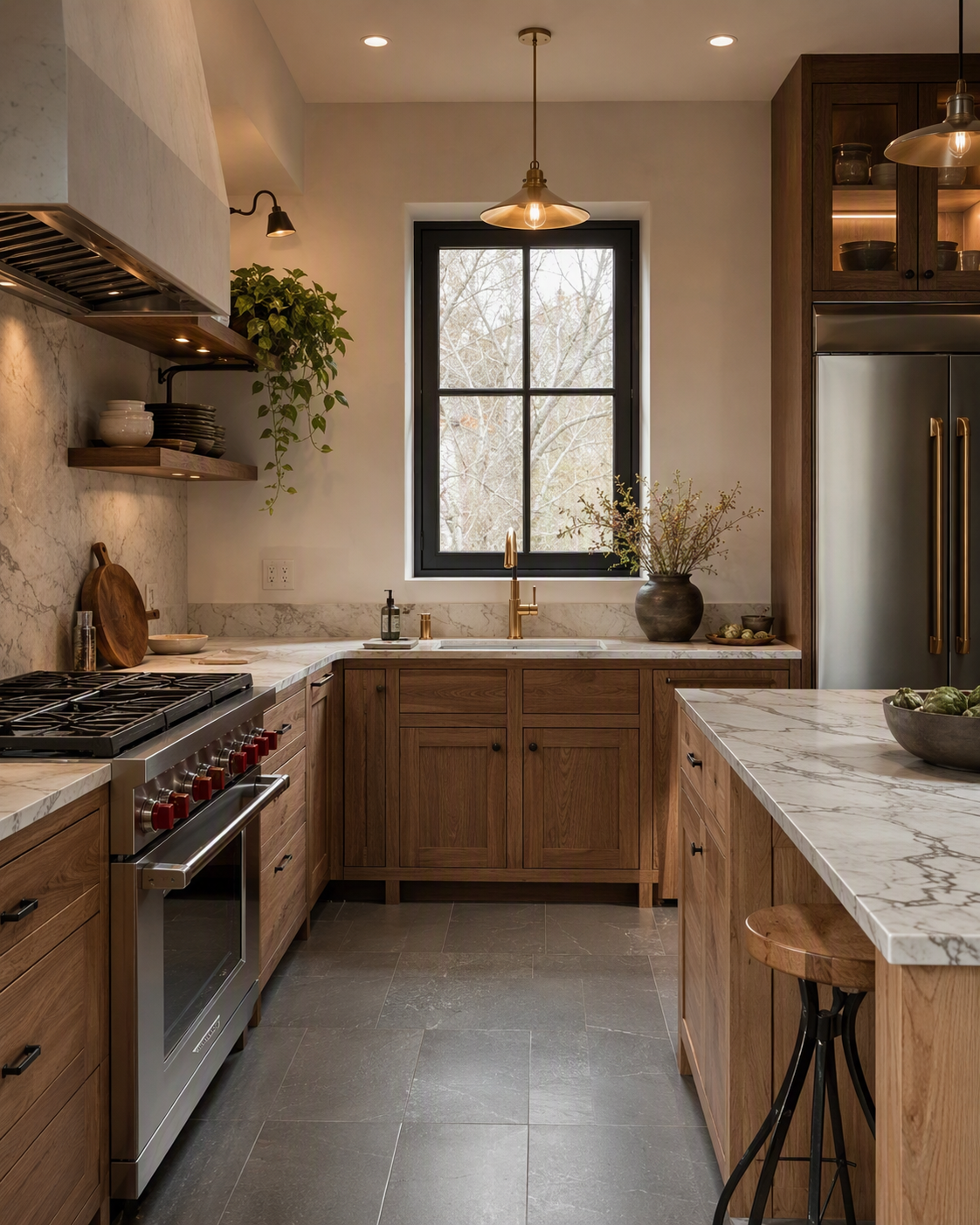 A modern rustic kitchen with warm wooden cabinetry, white marble countertops with gray veining, and dark gray tiled flooring — u shaped kitchen ideas reference 2