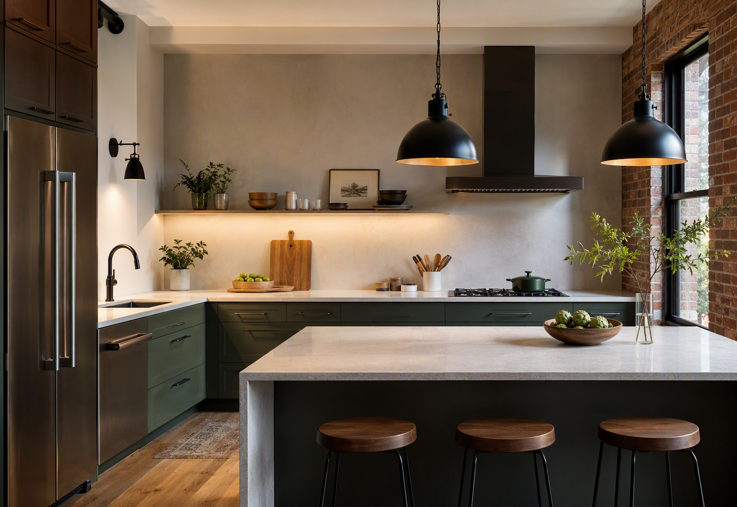 A modern, stylish kitchen with a minimalist and industrial aesthetic, featuring a large central island with a light gray quartz countertop and three — kitchen wall decor ideas reference 1