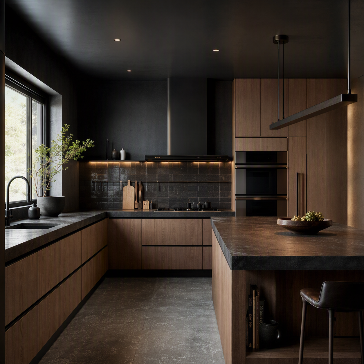 A modern, minimalist kitchen with a dark, moody ambiance featuring black ceiling and walls contrasted by warm wooden cabinetry — kitchen peninsula ideas reference 1