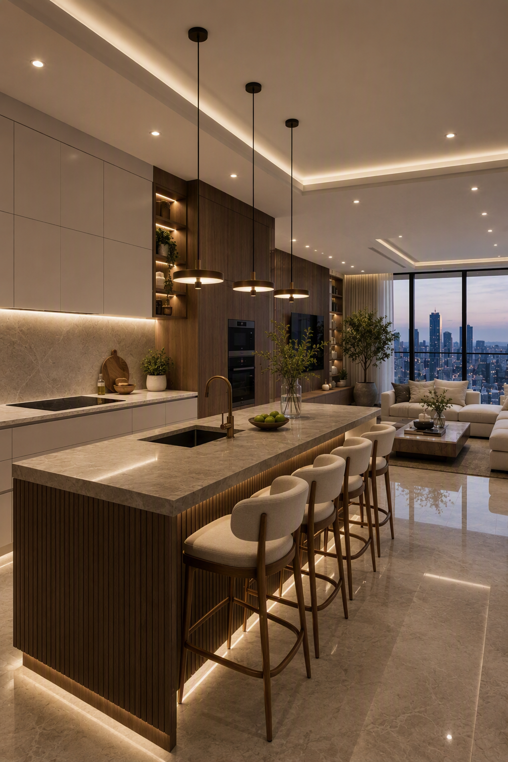 luxury modern kitchen and living room interior with a sleek island bar, warm ambient lighting from recessed ceiling lights and pendant fixtures, marble — modern kitchen ideas reference 4