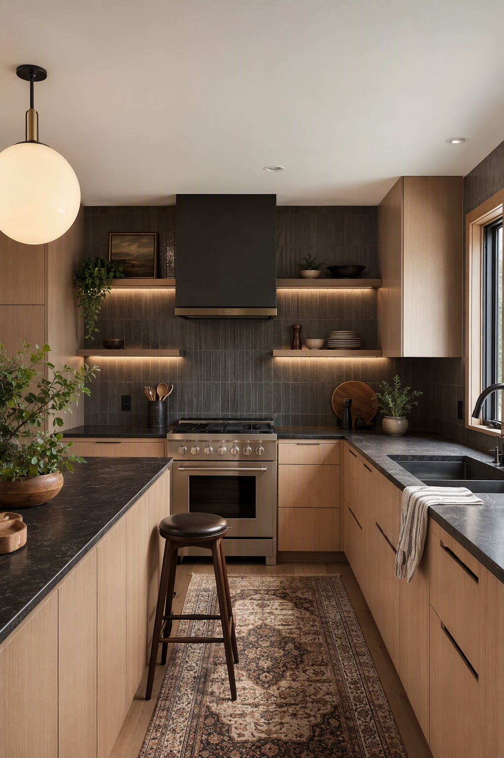 A modern kitchen with light wood cabinetry, dark gray tiled backsplash, and a stainless steel stove with a black range hood — u shaped kitchen ideas reference 3