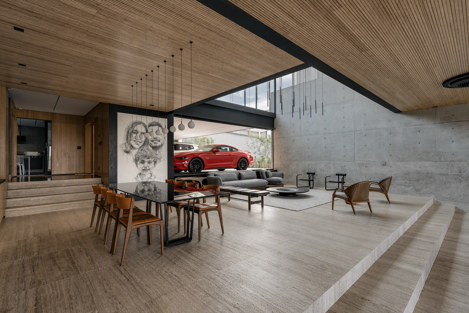A modern luxury interior with a high wooden ceiling featuring horizontal slats, exposed concrete walls, and a light wooden floor — garage man cave ideas reference 1