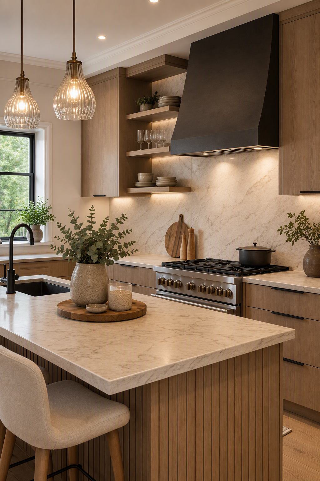 A high-quality, modern kitchen featuring a central island with a light beige marble countertop and vertical wood paneling, surrounded by warm-toned wooden — kitchen cabinet hardware ideas reference 4