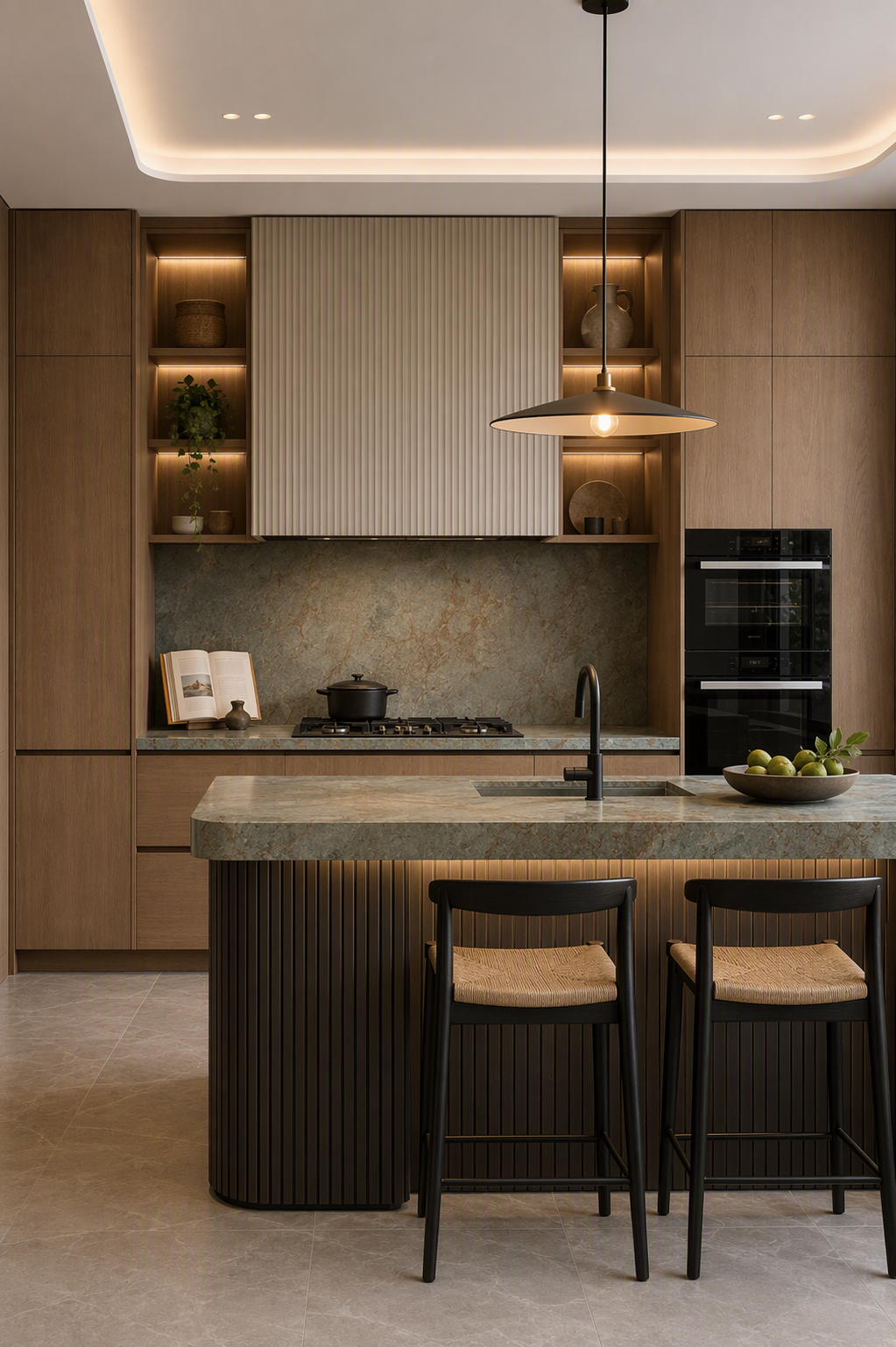A modern, minimalist kitchen interior with warm wooden cabinetry, a central island with a textured stone countertop, and integrated under-cabinet lighting — modern kitchen ideas reference 2