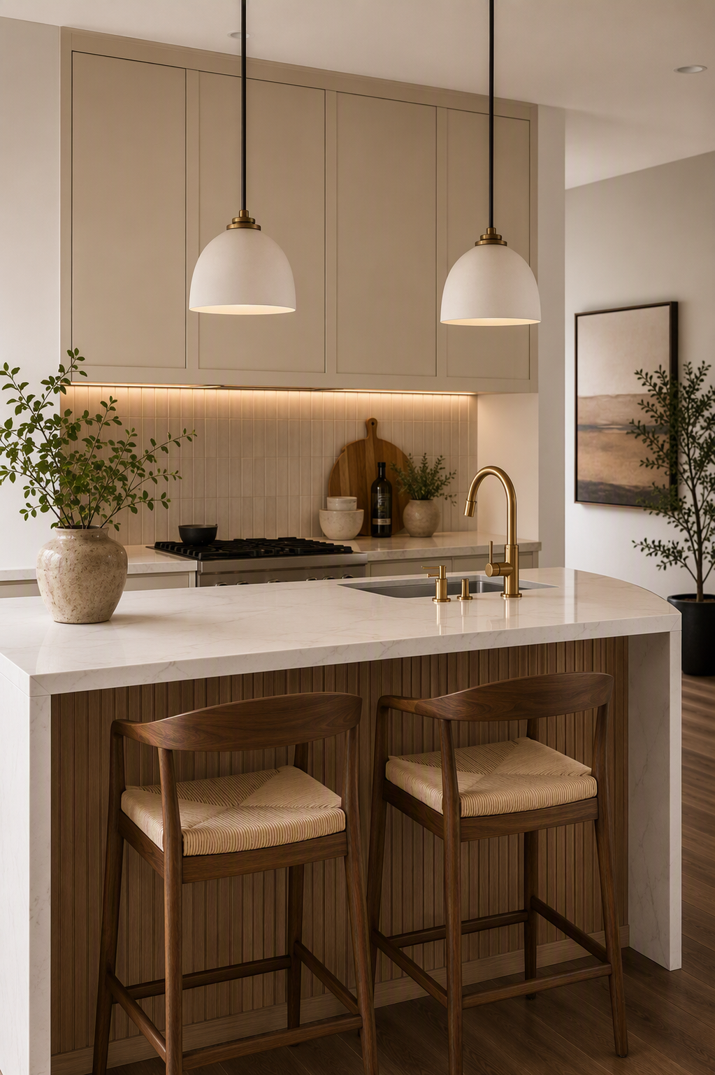 A modern, minimalist kitchen featuring a large central island with a white marble countertop and warm wood paneling beneath — kitchen bar ideas reference 1