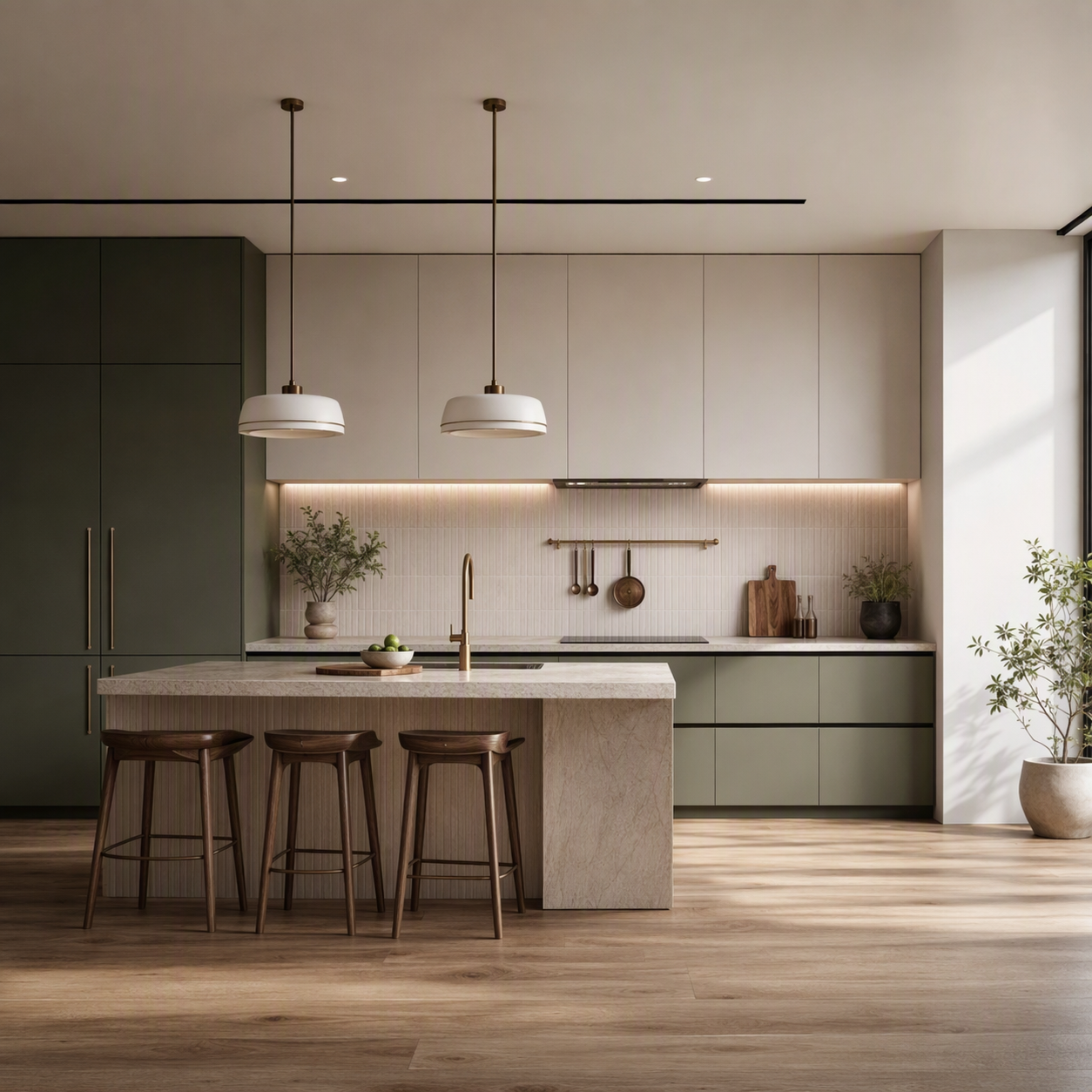 A modern, minimalist kitchen with a central island featuring a light beige marble countertop and three wooden bar stools — modern kitchen ideas reference 1