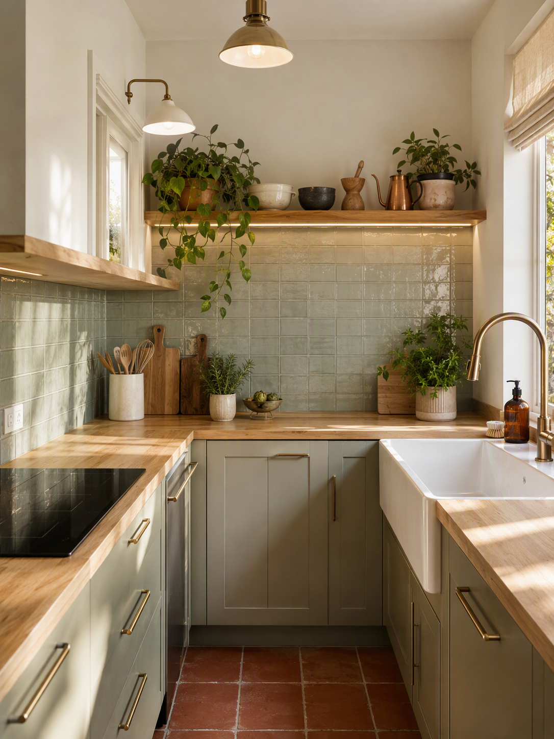 A high-quality, beautifully lit kitchen with a warm and inviting ambiance, featuring light green cabinetry with brass handles, natural wood countertops — kitchen wall decor ideas reference 2