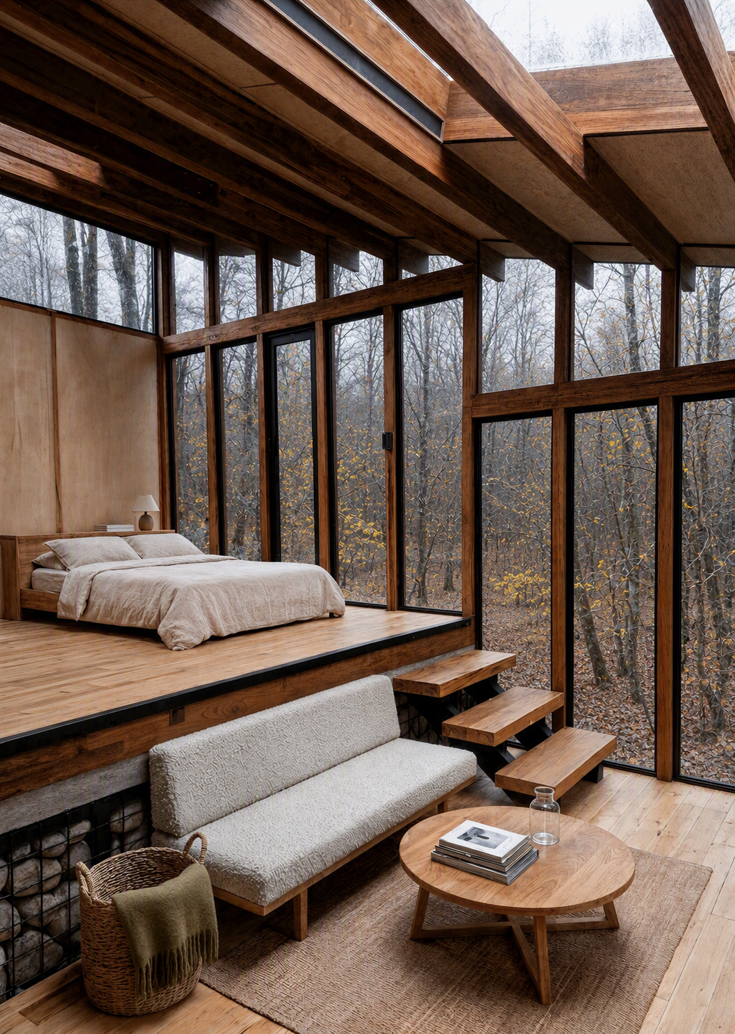 A modern wooden cabin bedroom with a raised platform bed, large floor-to-ceiling windows framing a forest view, exposed wooden beams, a cozy sofa, a round — rustic bedroom ideas reference 4