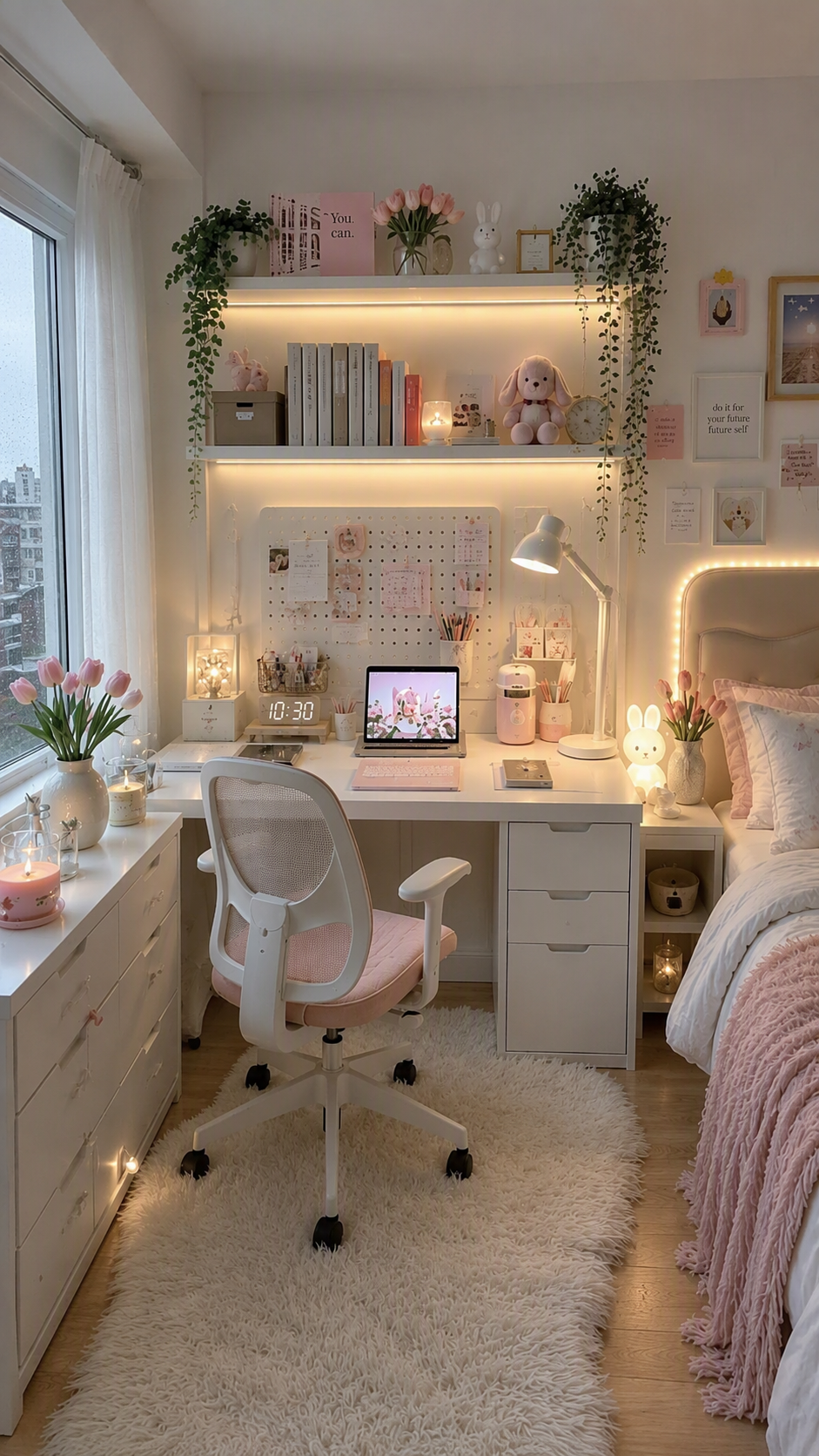 a cozy, well-lit bedroom study nook with a white desk and matching chair featuring a pink cushion, positioned on a fluffy white rug; the desk holds a — girls bedroom ideas reference 4