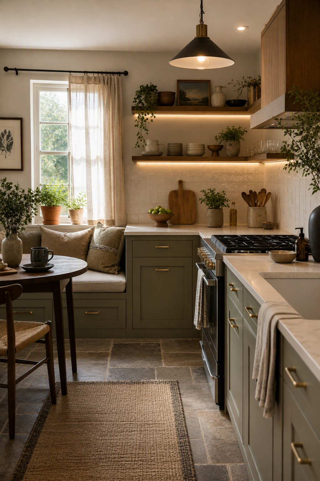 A high-quality, realistic interior photo of a cozy, rustic modern kitchen with green cabinetry, stone tile flooring, and warm ambient lighting — breakfast nook ideas reference 1