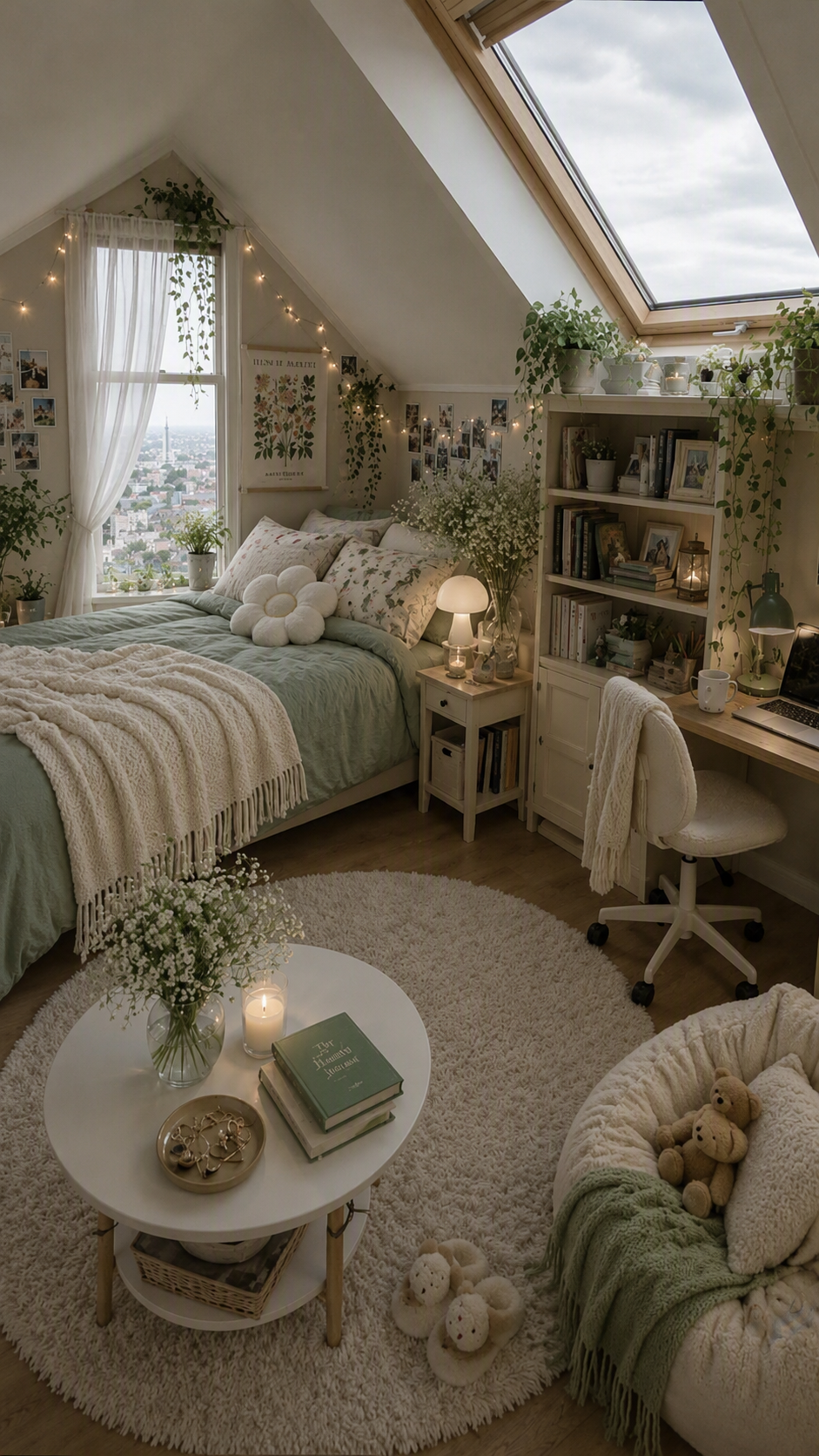 A cozy, high-quality English image of a charming attic bedroom with a sloped ceiling and a large skylight, featuring a neatly made bed with pastel green — attic bedroom ideas reference 1