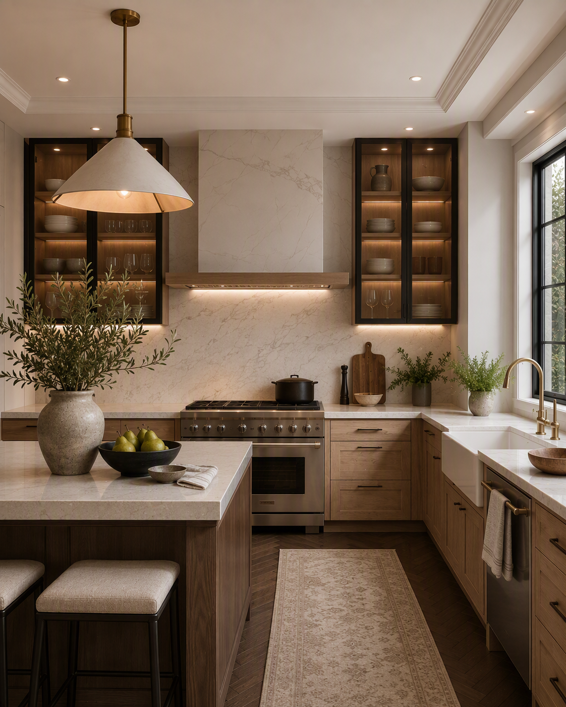A high-quality, modern farmhouse kitchen with warm, neutral tones, featuring a central island with beige cushioned stools, a stainless steel range with — farmhouse kitchen ideas reference 4