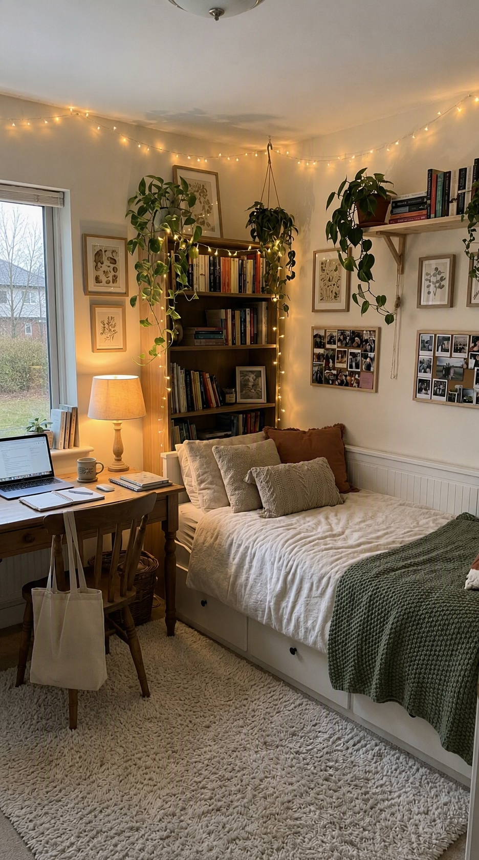 A cozy, well-lit dorm room with warm string lights hanging across the ceiling, featuring a white bed with a green knitted blanket, a wooden desk with a — dorm room ideas reference 4