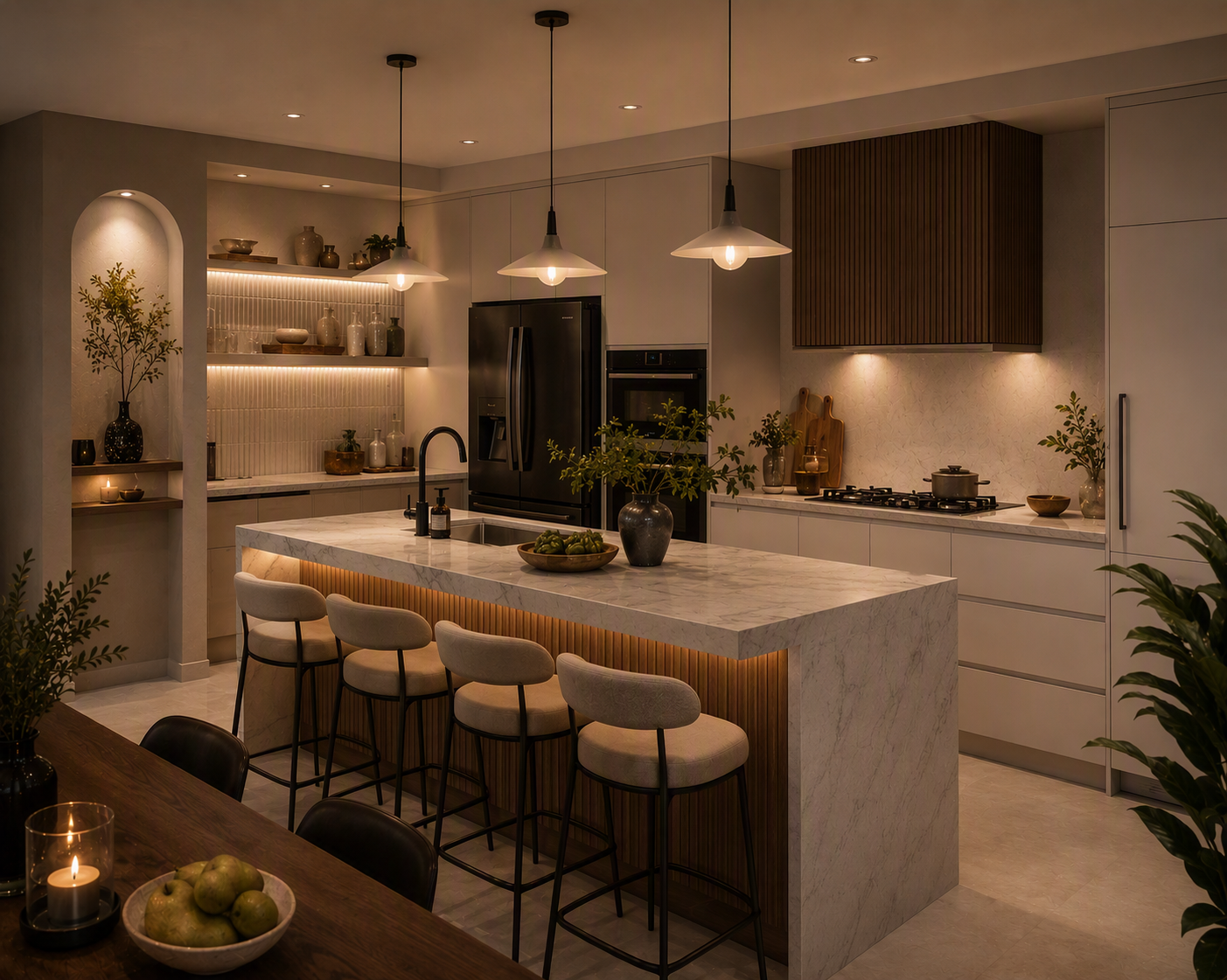 open plan kitchen ideas — wide views showing kitchen plus living or dining space and the transition between zones