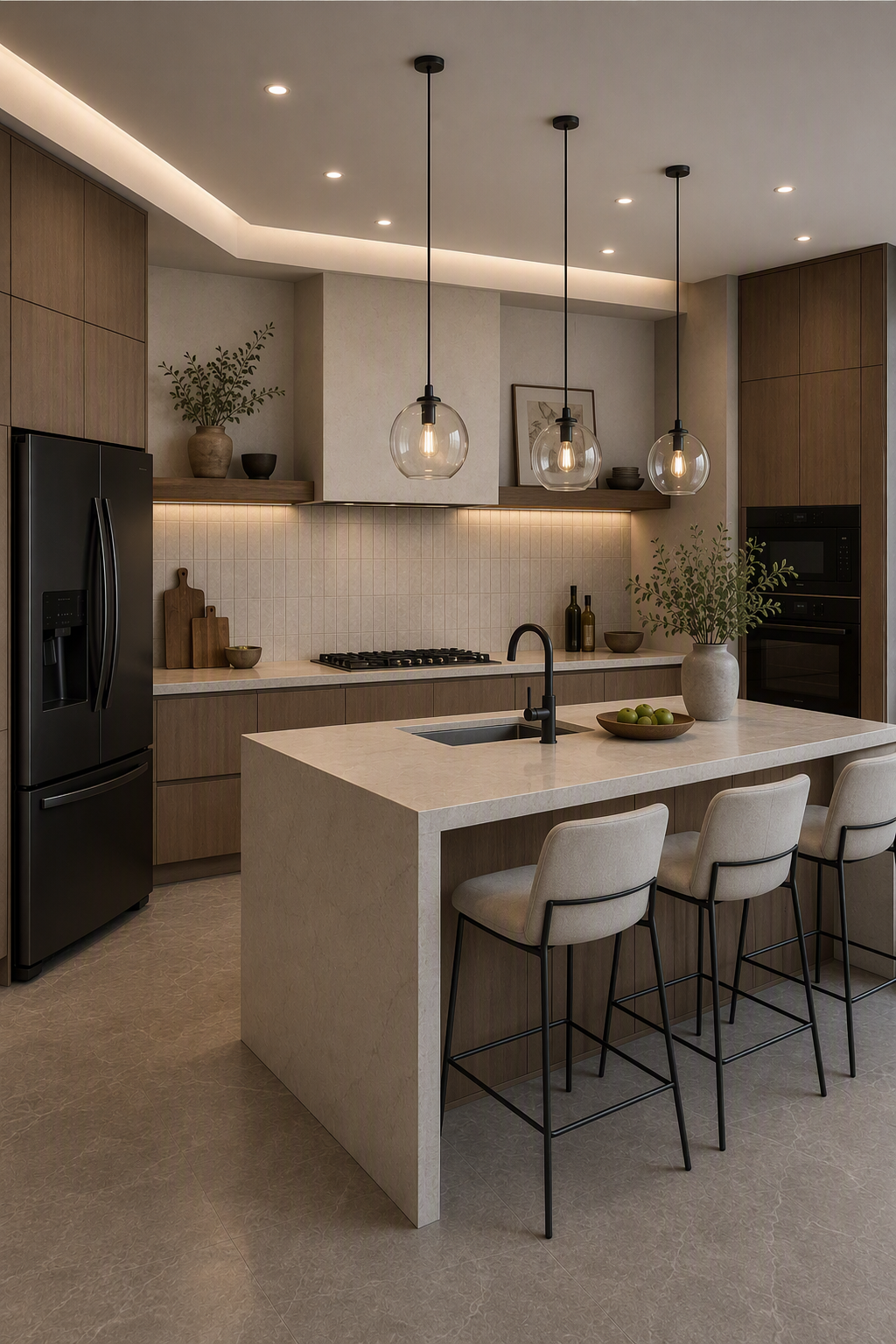 Modern minimalist kitchen with a central island, featuring a sleek black refrigerator, wooden cabinetry, and a light beige countertop — kitchen countertop ideas reference 4