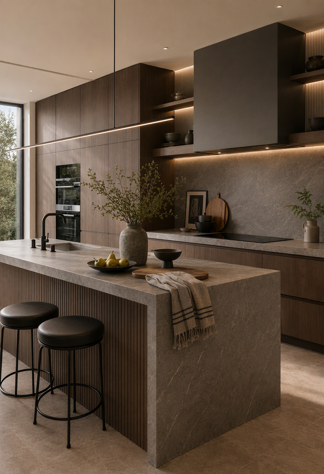 A high-quality, modern minimalist kitchen interior with a large central island featuring a stone countertop, flanked by two black metal bar stools — kitchen countertop ideas reference 2