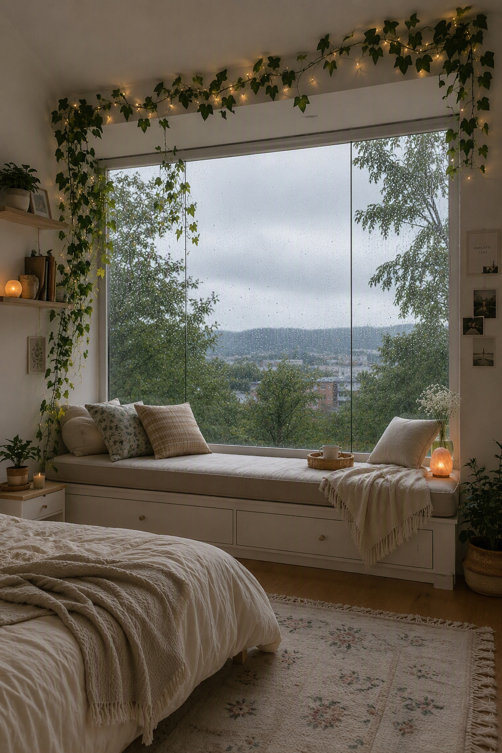 A cozy, well-lit bedroom with a large window offering a scenic view of a green hillside and distant town under an overcast sky — boho bedroom ideas reference 3