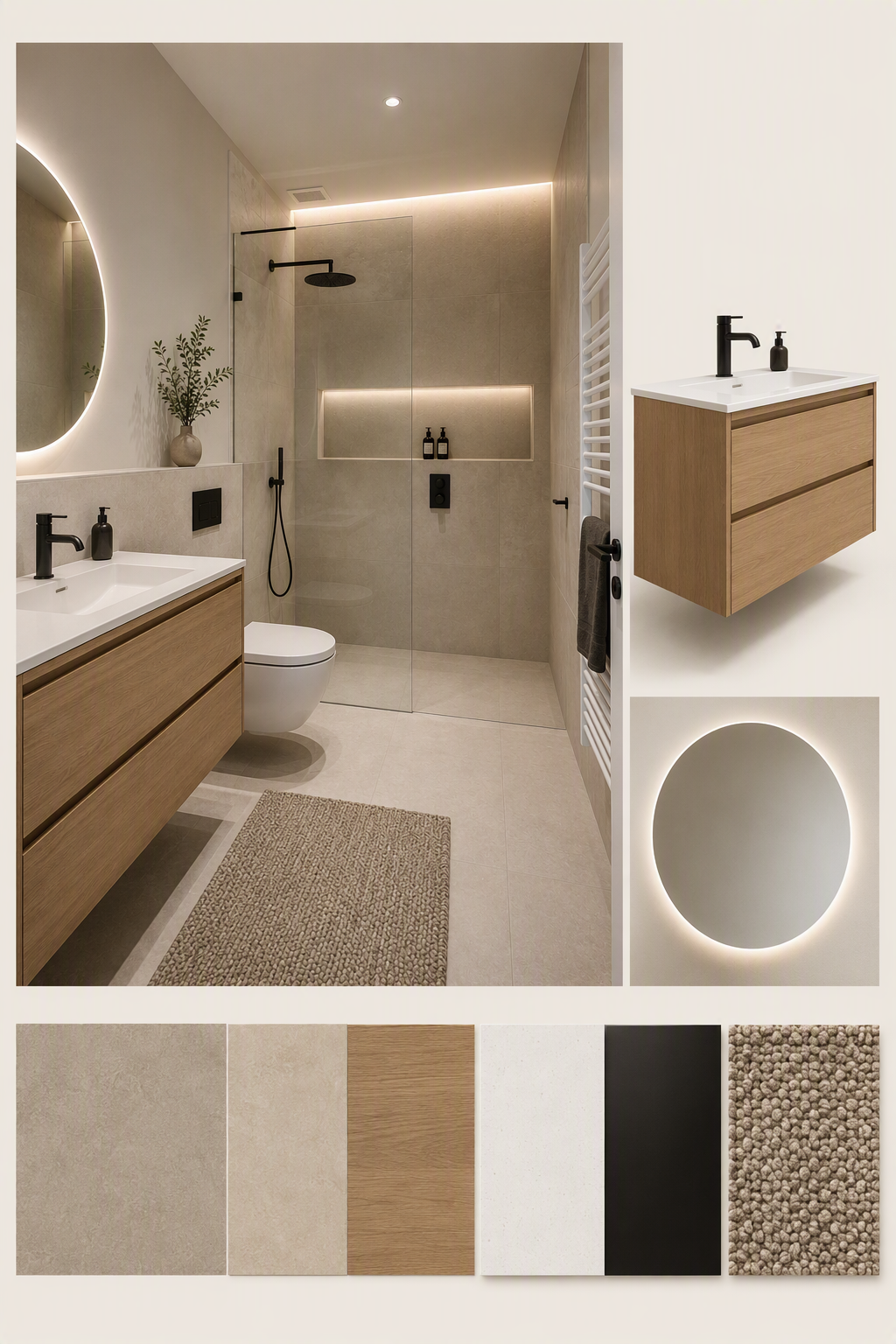 A high-quality modern bathroom interior with minimalist design, featuring a floating wooden vanity with white countertop and black matte faucet, a round — minimalist bathroom ideas reference 2