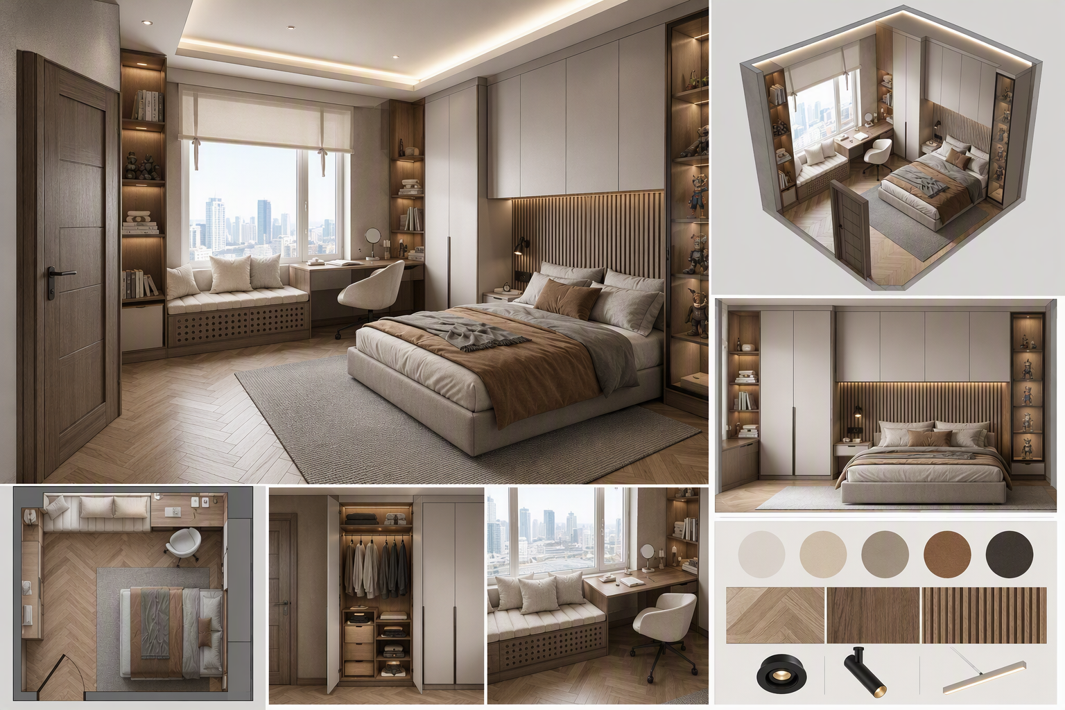 Modern minimalist bedroom interior with a large bed featuring a wooden slatted headboard, built-in wardrobe with shelves and lighting, a window seat with — bedroom layout ideas reference 2