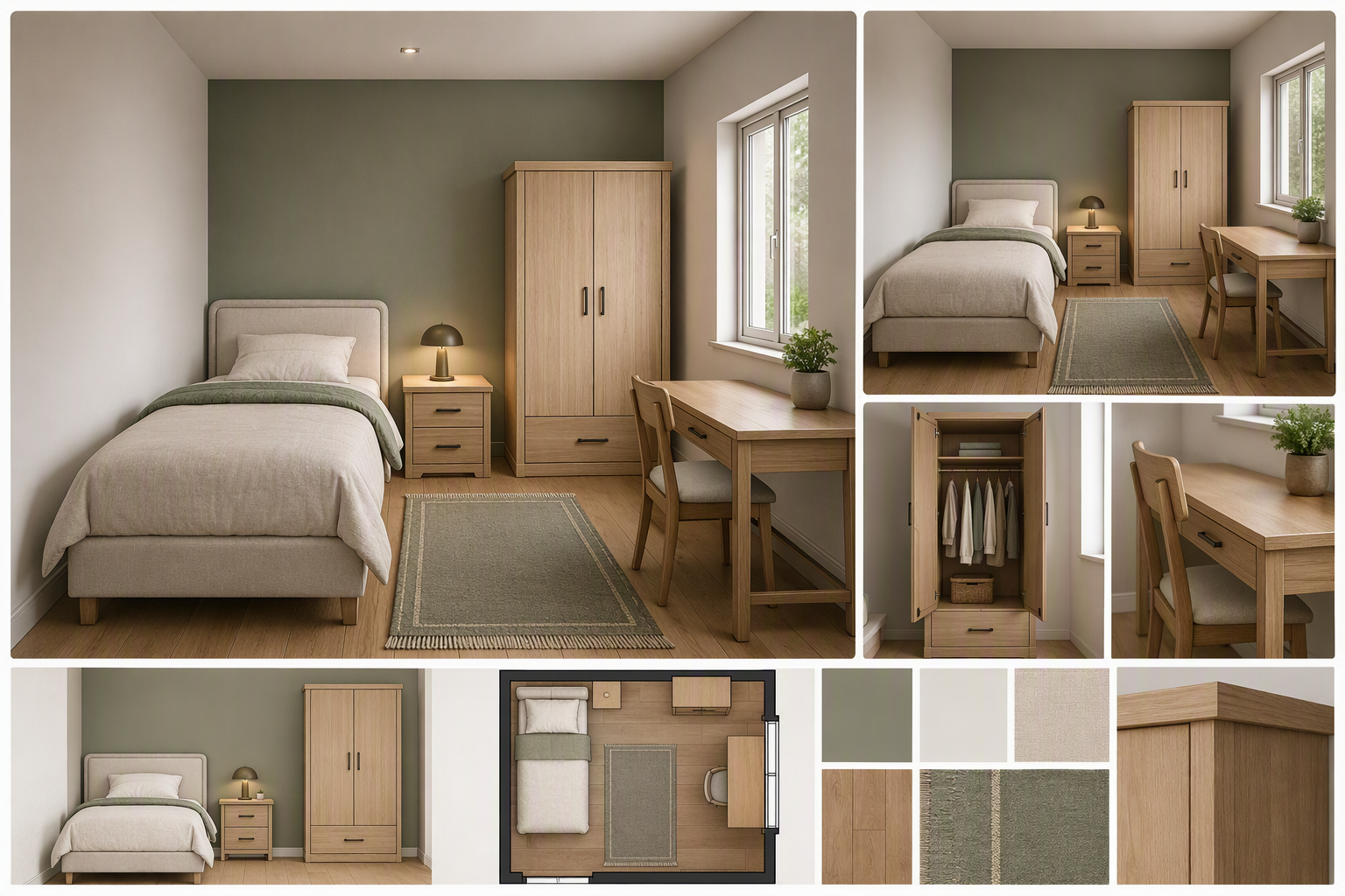 bedroom color ideas — whole bedrooms where wall, bedding, furniture and accent colors are clearly visible together