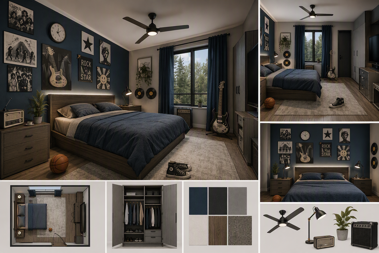 A high-quality, modern rock-themed bedroom with a navy blue accent wall adorned with framed band posters, a guitar artwork, and "Rock Star" decor — teen bedroom ideas reference 3
