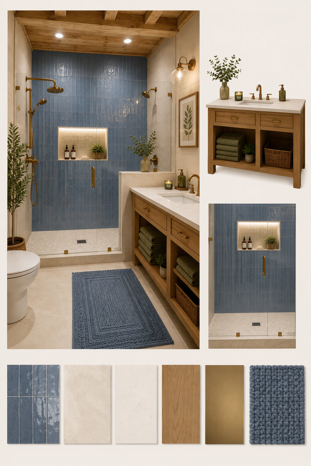 A high-quality, modern bathroom interior featuring a spacious walk-in shower with blue vertical ceramic tiles, warm ambient lighting, and a built-in — shower niche ideas reference 3