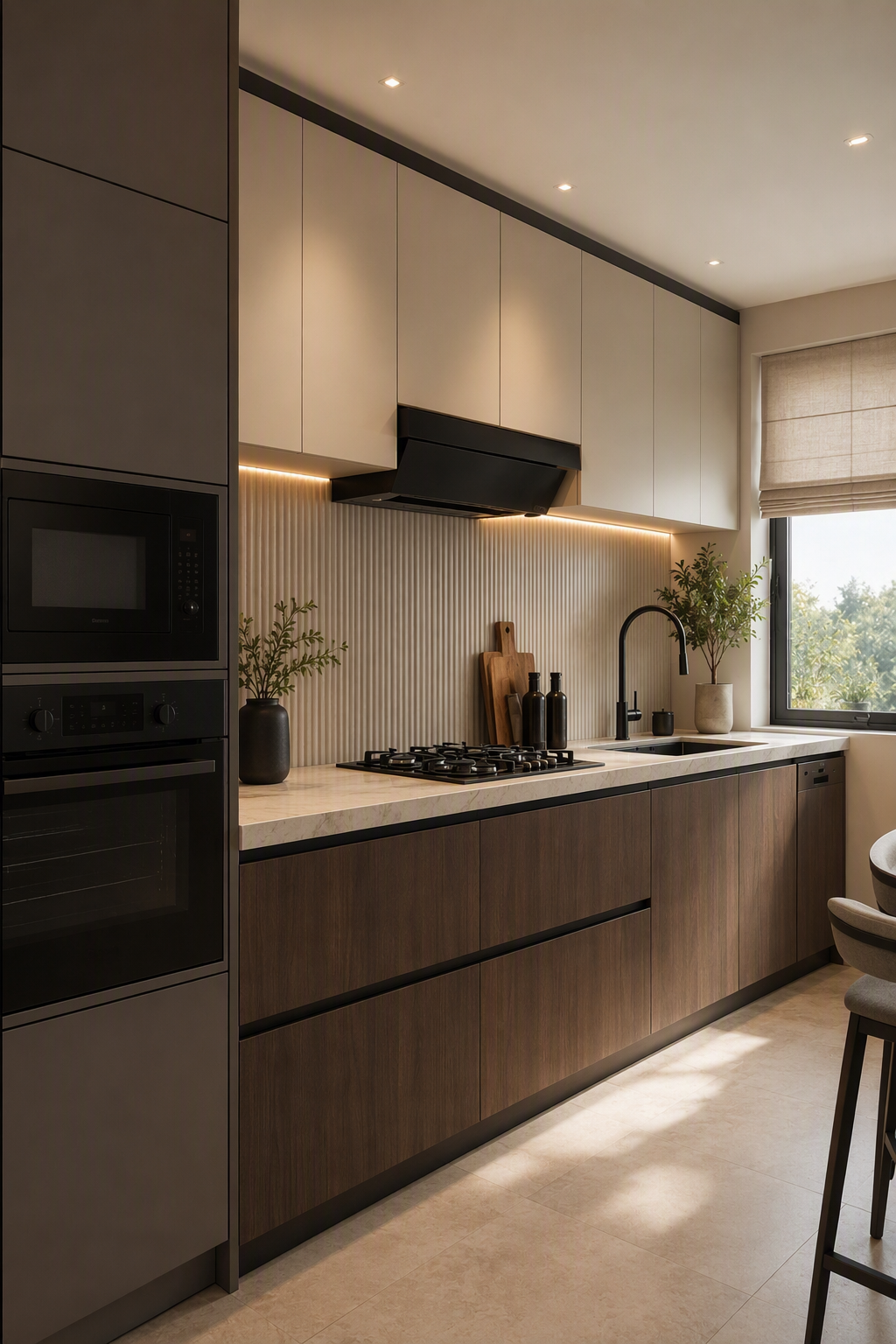 Modern minimalist kitchen interior with sleek white upper cabinets, dark wood lower cabinetry, and a matte black range hood — kitchen hood ideas reference 4