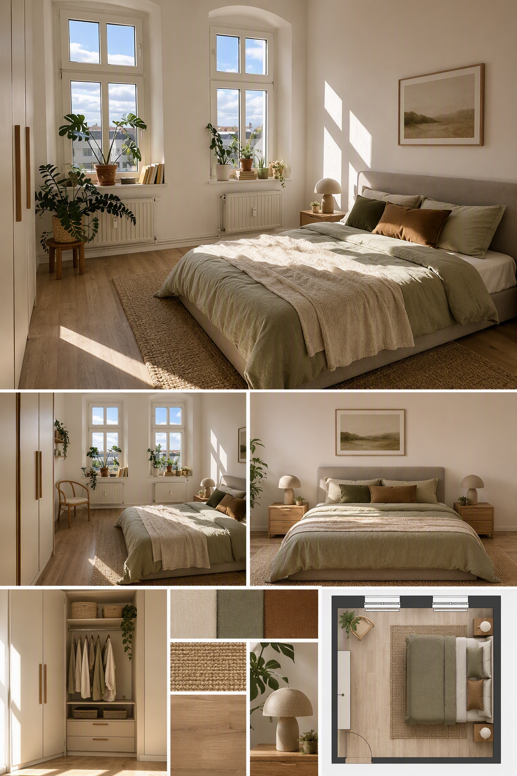 A high-quality, serene bedroom interior with natural light streaming through two large arched windows, featuring a neatly made bed with beige and olive — toddler bedroom ideas reference 3