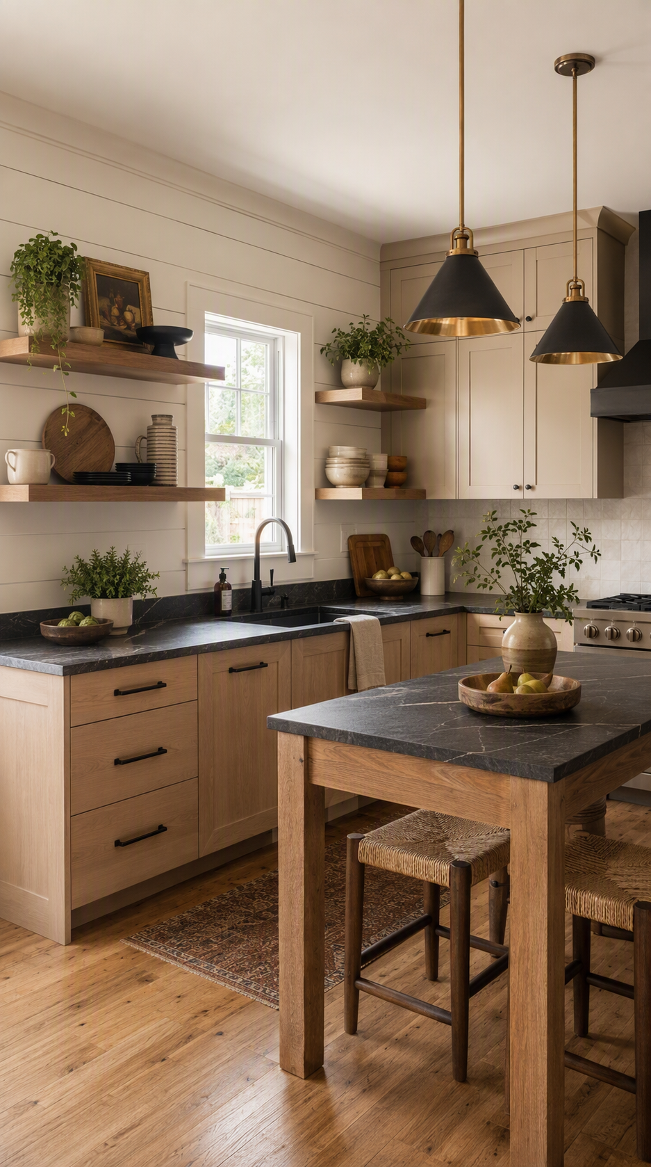 A high-quality, ultra-detailed photograph of a modern rustic kitchen featuring light wood cabinetry, dark gray stone countertops, and a central wooden — rustic kitchen ideas reference 4