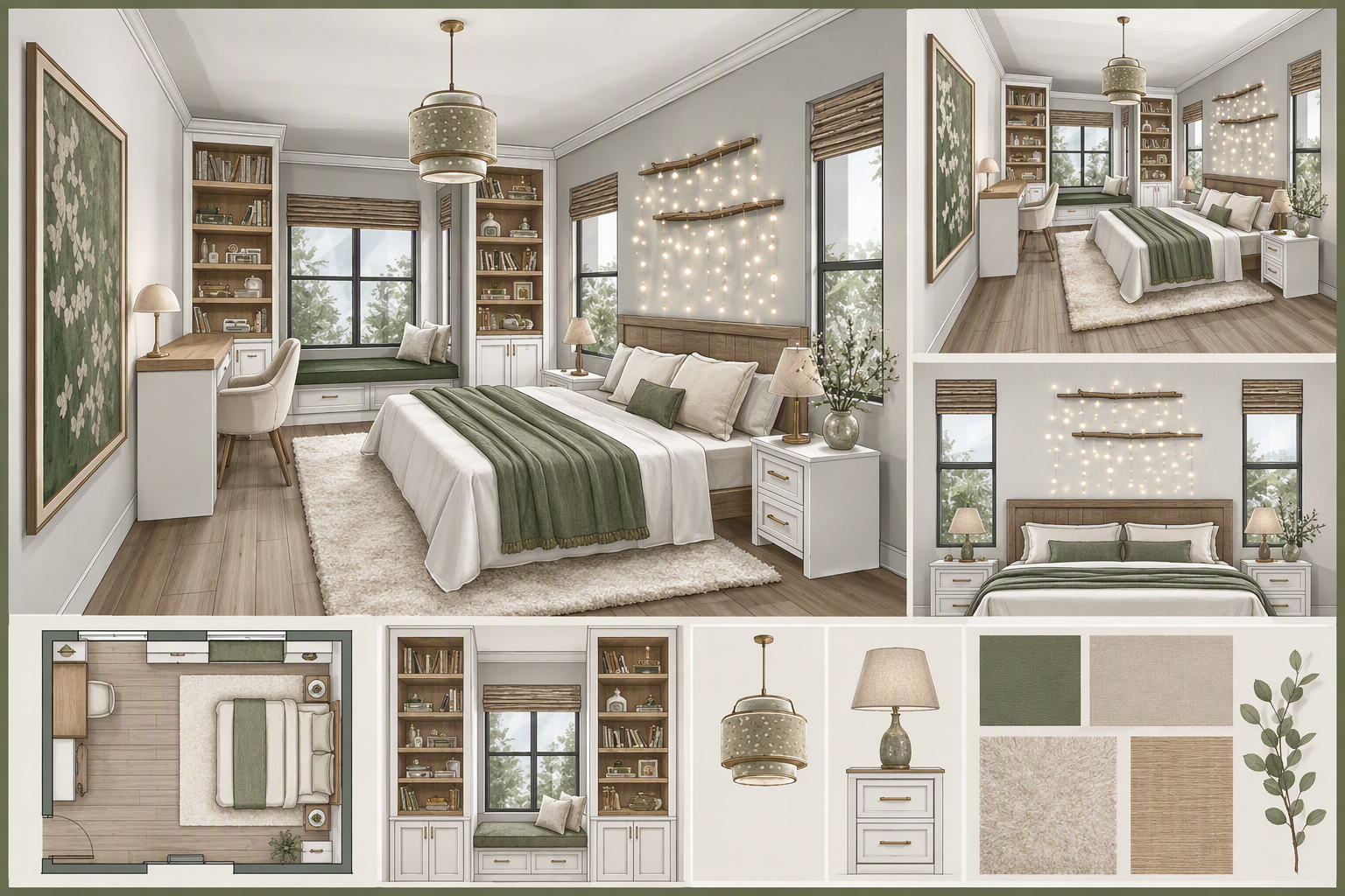 A high-quality, ultra-detailed interior design render of a modern farmhouse-style bedroom, featuring a large bed with white linens and a green throw — farmhouse bedroom ideas reference 2