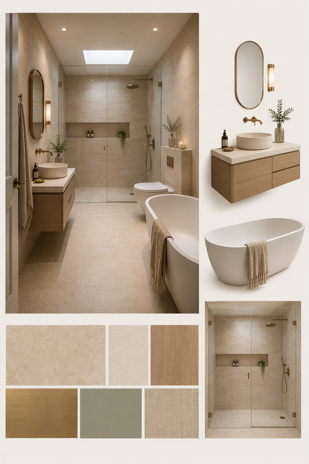 A modern minimalist bathroom with a serene and luxurious aesthetic, featuring a freestanding oval bathtub with a beige towel draped over its edge, a — modern bathroom ideas reference 2
