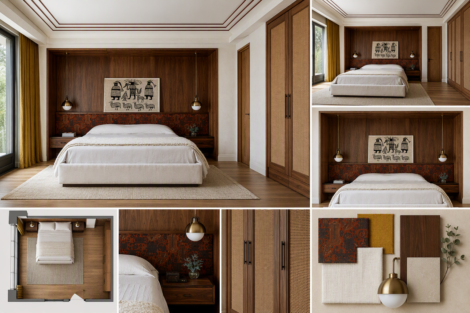 A modern minimalist bedroom with a large bed centered under a rich dark wood accent wall featuring a traditional tribal art painting, flanked by two — basement bedroom ideas reference 1