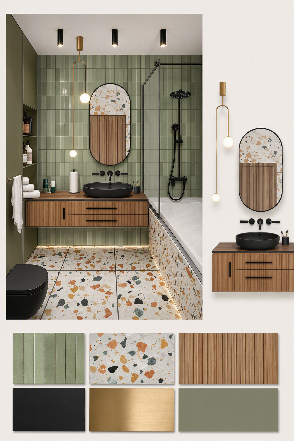 A modern bathroom interior with a minimalist design, featuring green tiled walls, a terrazzo floor with colorful aggregate, and wooden cabinetry — modern bathroom ideas reference 3