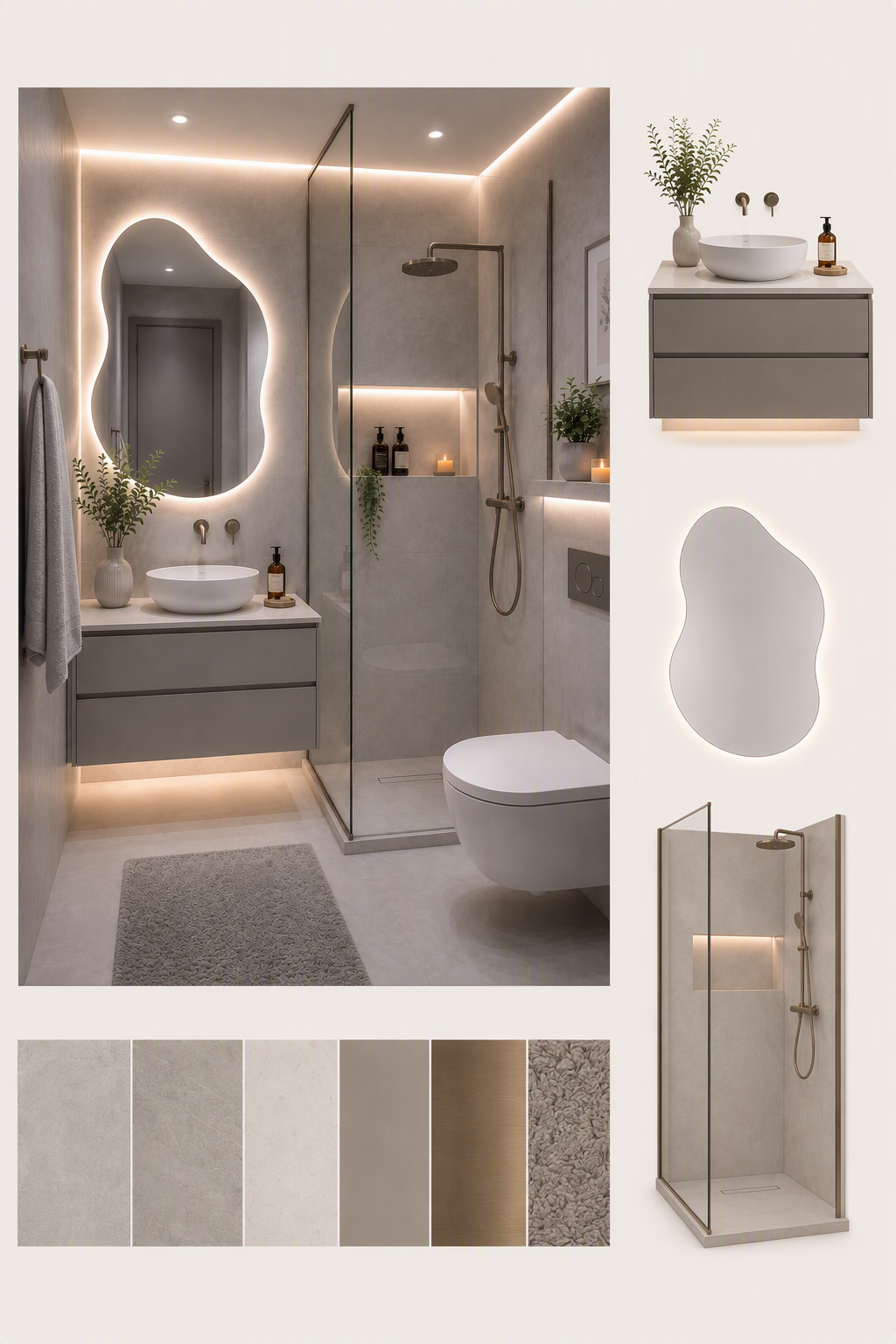 A modern, minimalist bathroom with a sleek, contemporary design, featuring a floating vanity with a white vessel sink, a glass-enclosed shower with a rain — basement bathroom ideas reference 2