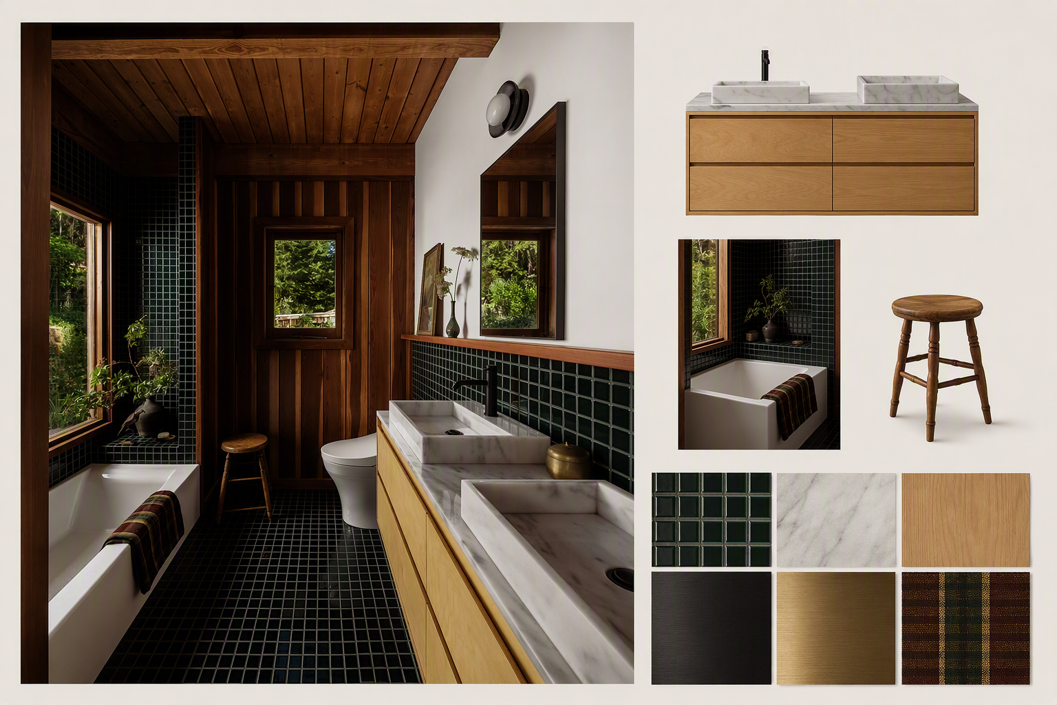 A high-quality, modern rustic bathroom featuring a wooden ceiling and walls with dark green mosaic tile accents, a white freestanding bathtub with a — rustic bathroom ideas reference 2