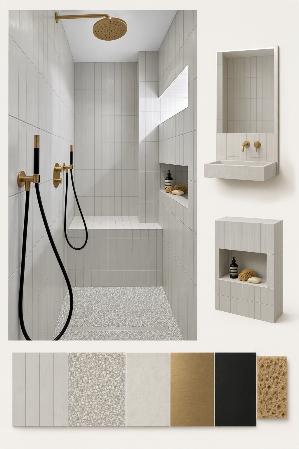 A modern bathroom interior with a minimalist design featuring a walk-in shower with white vertical tiles, a gold circular ceiling showerhead, and black — shower niche ideas reference 4