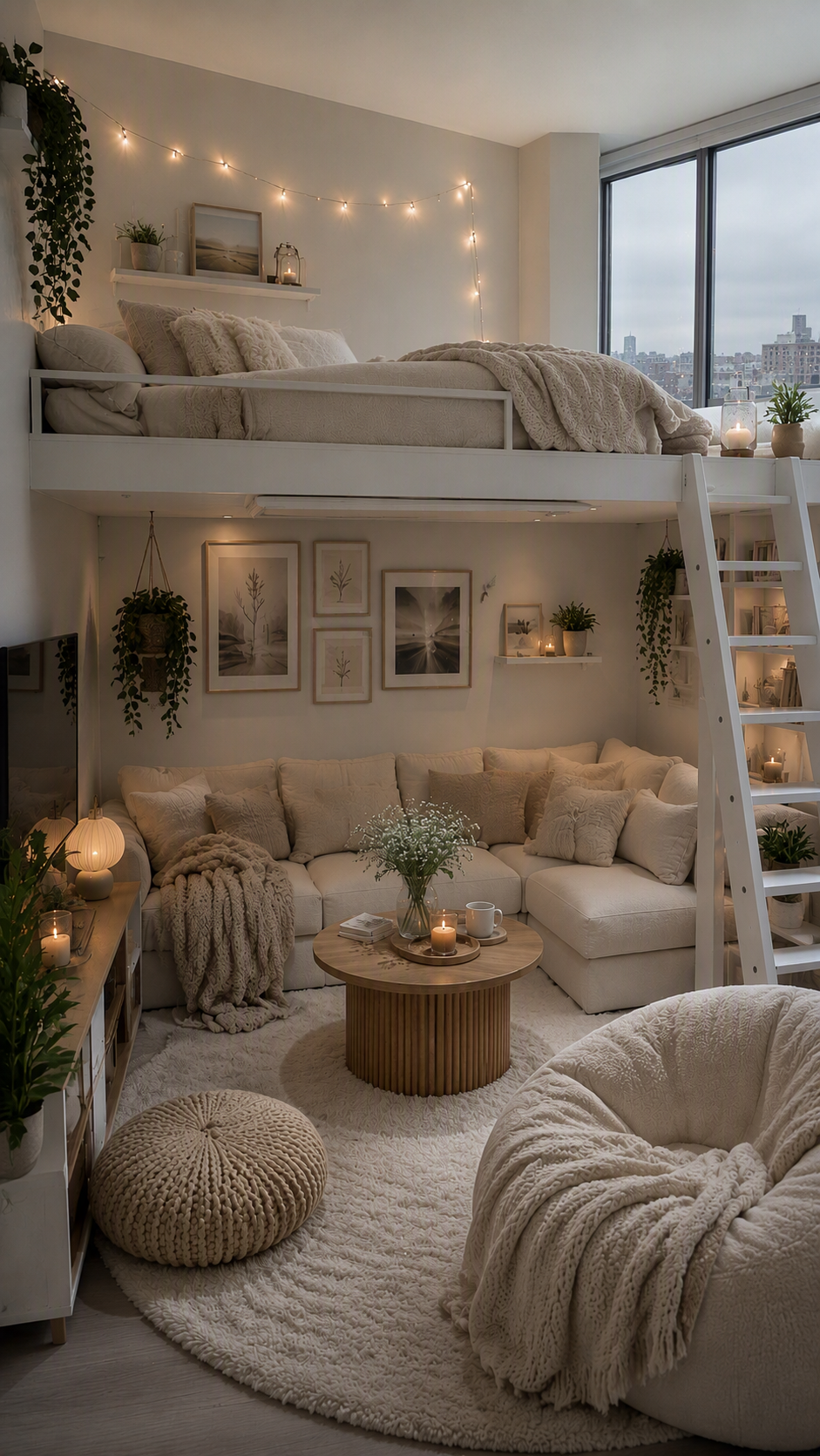 A cozy, minimalist modern loft bedroom with a loft bed on the upper level, featuring string lights and hanging green plants, a white ladder leading to the — loft bedroom ideas reference 1