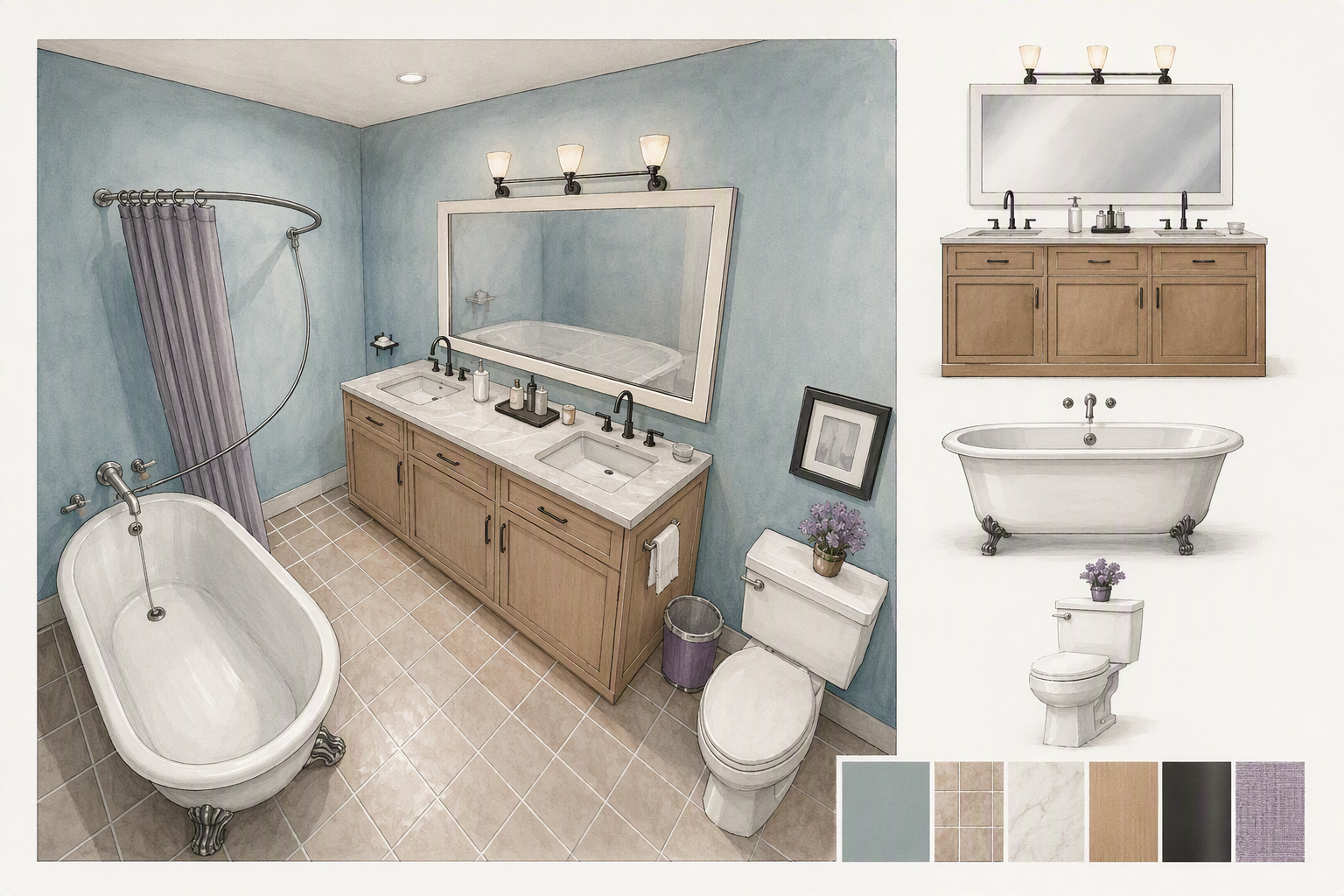 A high-quality, realistic rendering of a luxurious master bathroom with light blue textured walls, beige tiled flooring, and a central wooden vanity with — tub shower combo ideas reference 4