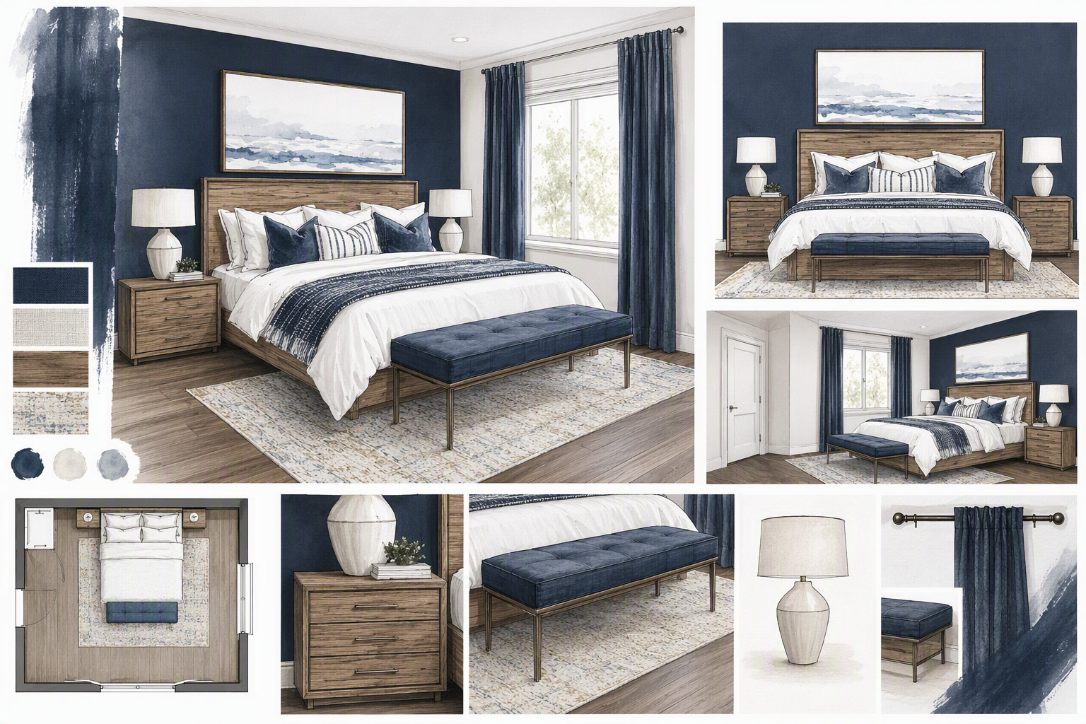 A high-quality, modern bedroom interior design featuring a navy blue accent wall with a large abstract ocean art piece above a wooden bed frame — bedroom curtain ideas reference 4