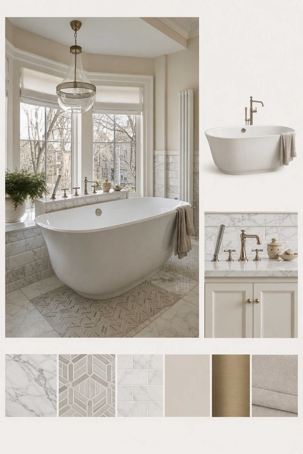 A high-quality, elegant bathroom interior featuring a freestanding white bathtub centered under a large window with a view of bare trees, natural daylight — bathtub ideas reference 1