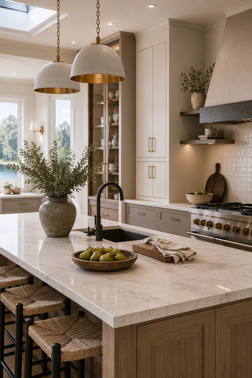 A high-quality modern kitchen featuring a large marble island countertop with a dark undermount sink, flanked by woven stool seats with black metal legs — kitchen cabinet hardware ideas reference 2