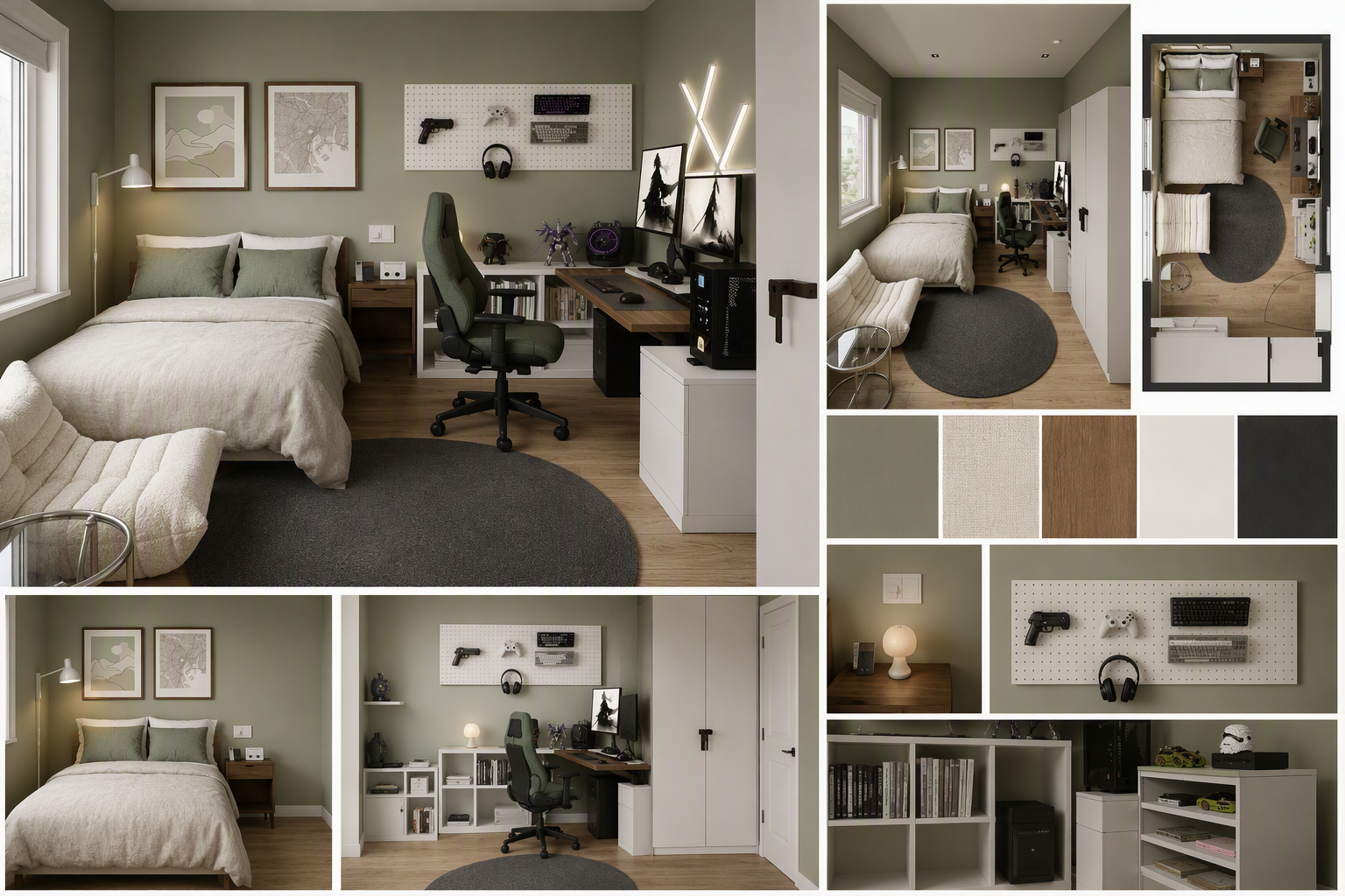 A modern, minimalist bedroom with a sleek gaming setup, featuring a beige bed with matching pillows, a dark gray circular rug, and a white desk with a — teen bedroom ideas reference 2