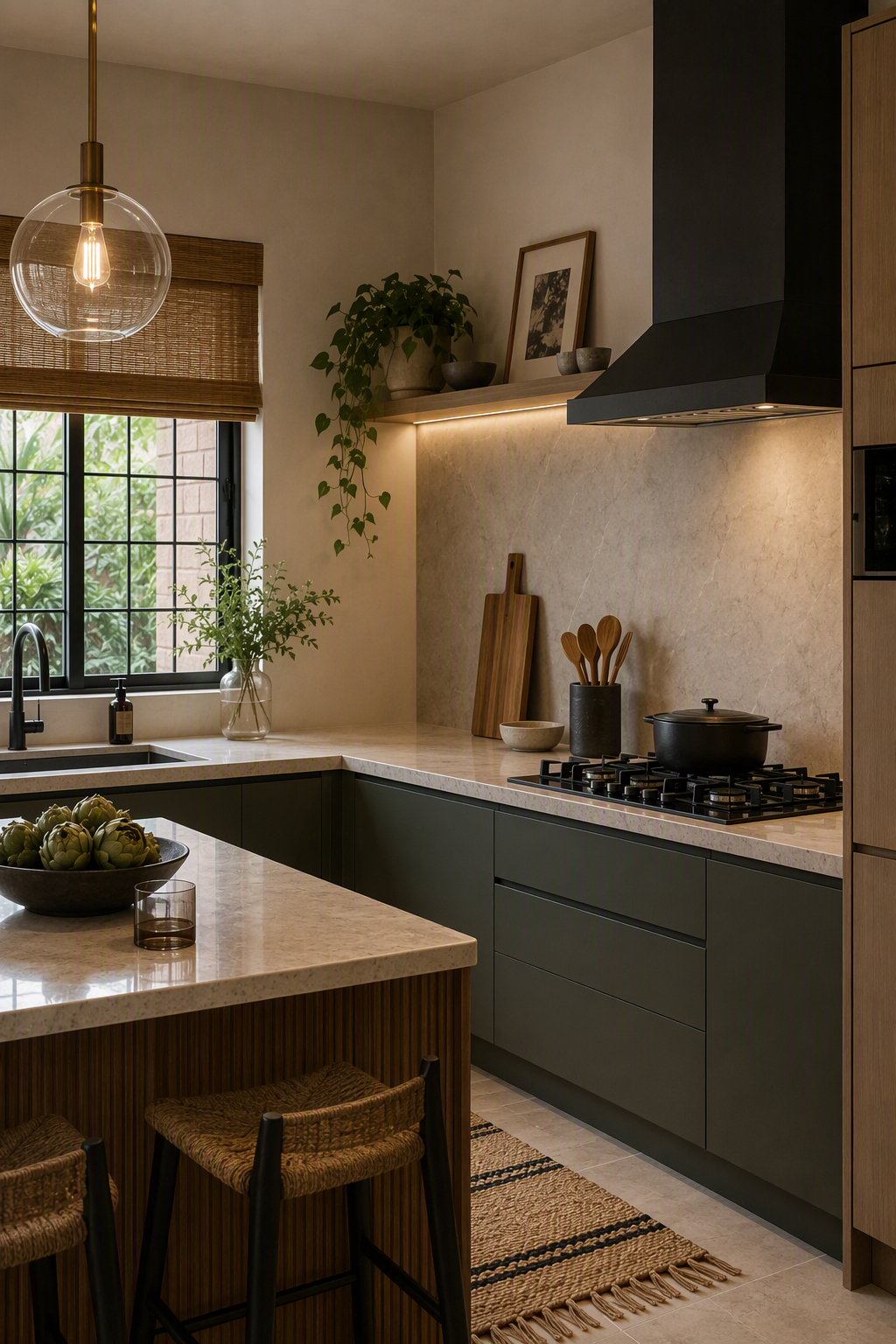 A modern kitchen with dark green cabinets, light beige marble countertops, and a central island with woven bar stools — kitchen bar ideas reference 3