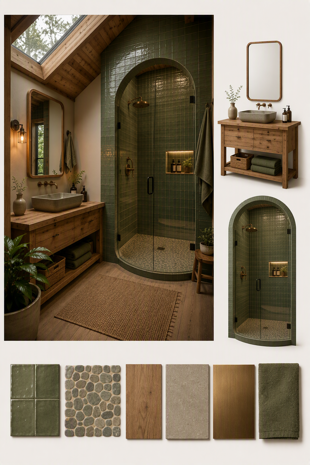 A high-quality, modern rustic bathroom with a vaulted wooden ceiling and a large skylight showing greenery outside — corner shower ideas reference 4