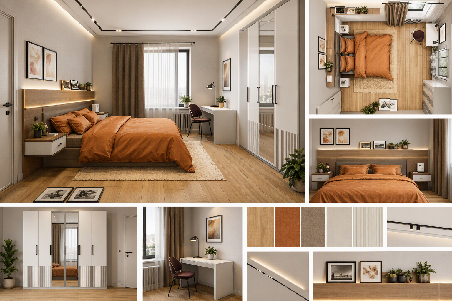 A modern, minimalist bedroom with warm wooden flooring, a large bed with orange bedding, built-in wall-mounted headboard with integrated lighting, a sleek — bedroom layout ideas reference 1