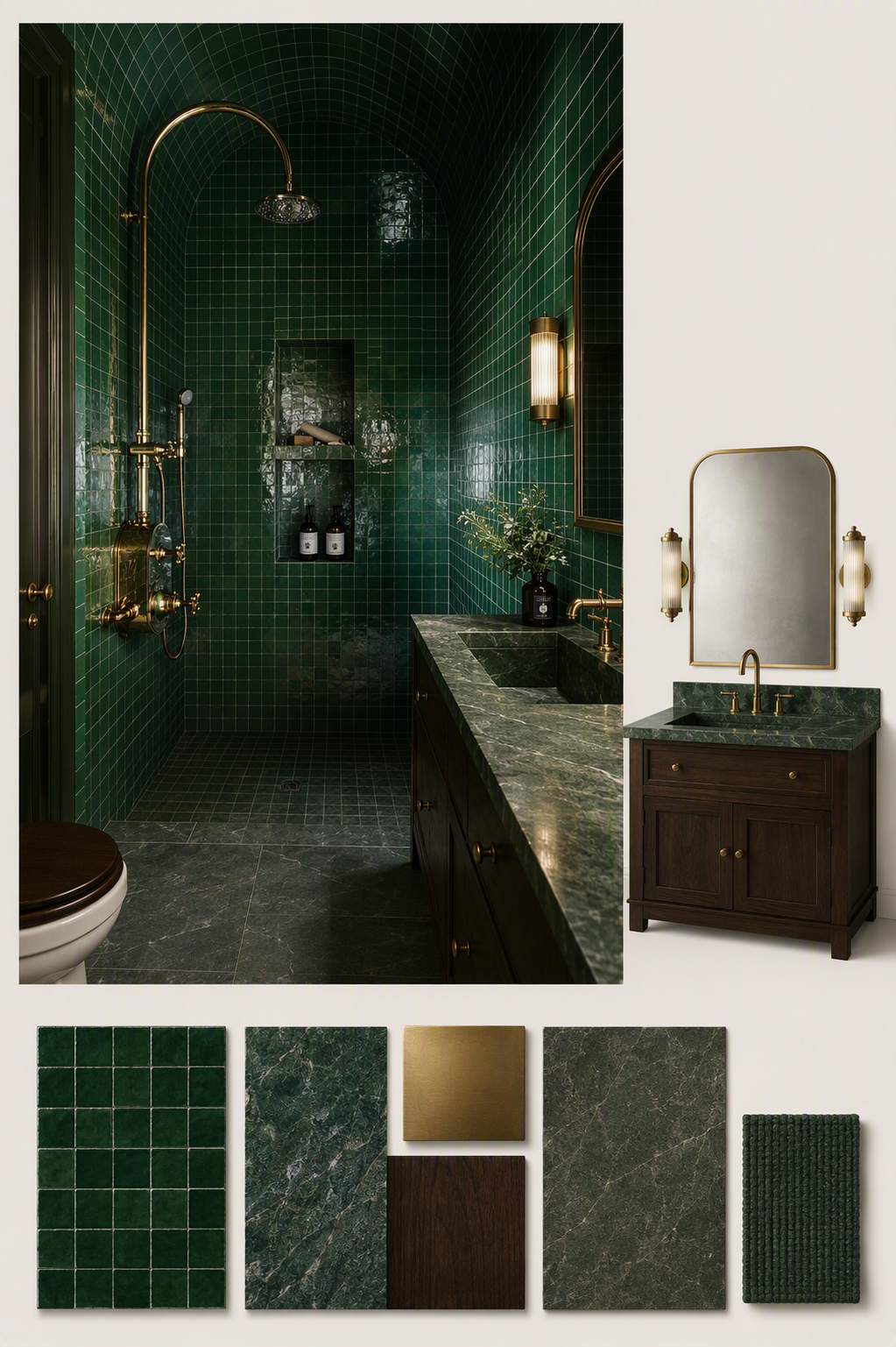 A high-quality, luxurious bathroom featuring deep green mosaic tiles on the walls and floor, complemented by a dark wooden vanity with a polished green — bathroom color ideas reference 1