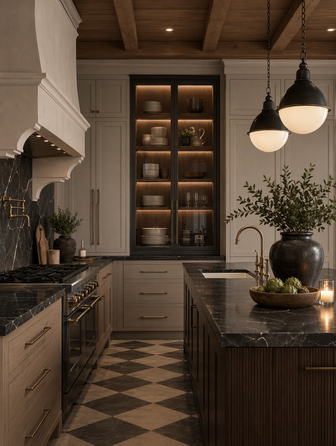 A high-quality, modern rustic kitchen featuring a dark marble countertop and a checkered floor in warm earth tones, with light gray cabinetry, dark wood — kitchen soffit ideas reference 3