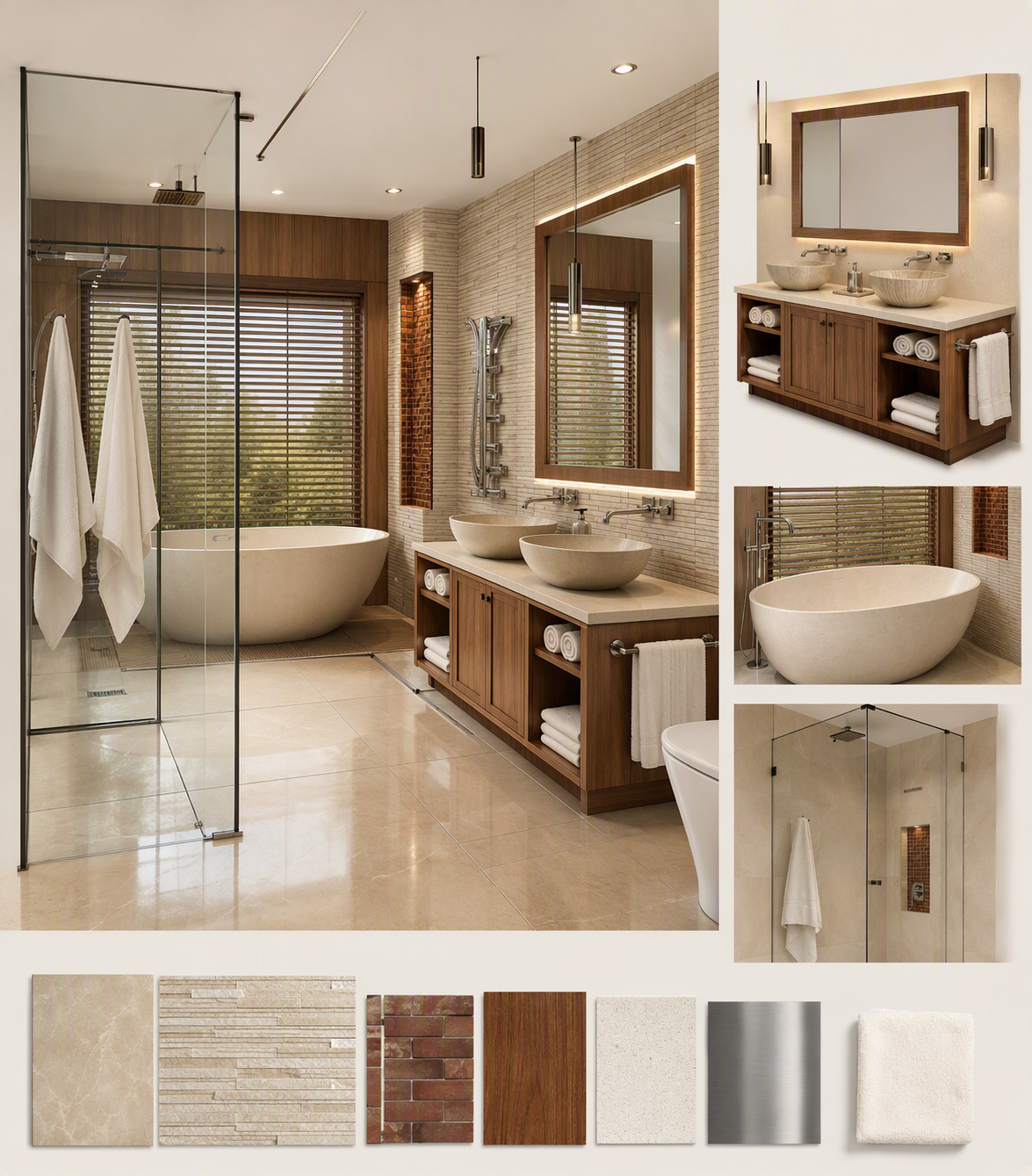 A high-quality, modern luxury bathroom interior featuring a large glass-enclosed shower with a rainfall showerhead, a freestanding oval bathtub, and a — jack and jill bathroom ideas reference 3