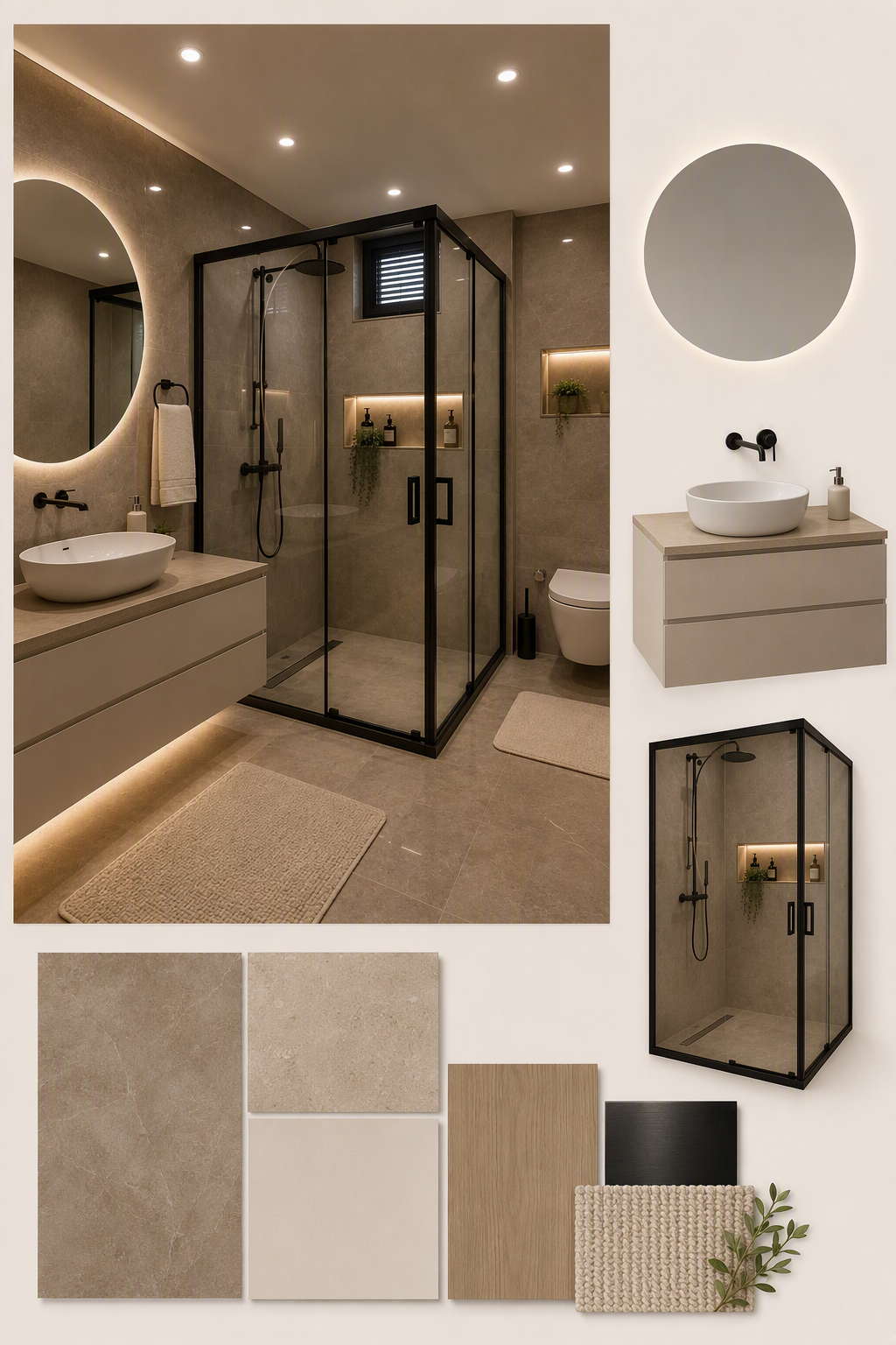A modern, minimalist bathroom interior with a sleek black-framed glass shower enclosure, a floating beige vanity with a white round sink, and a matching — basement bathroom ideas reference 1